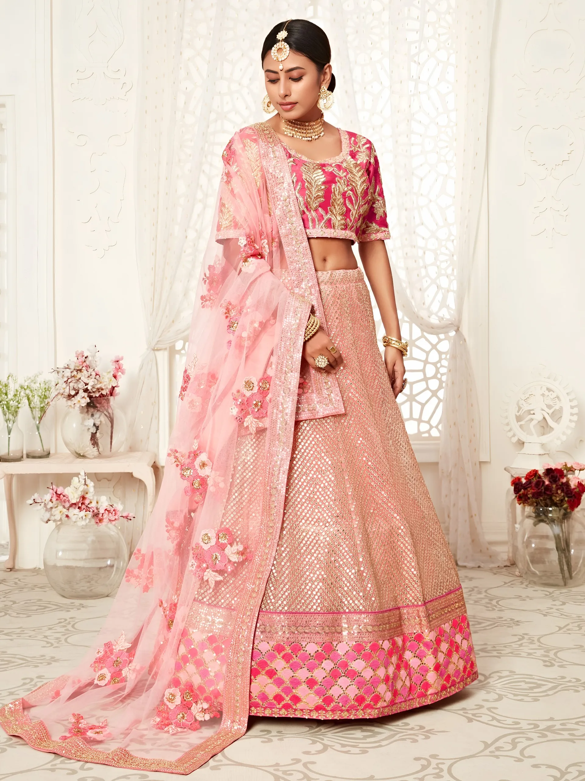Blush Pink Soft Net Bridal Choli with Zari and Sequins Work