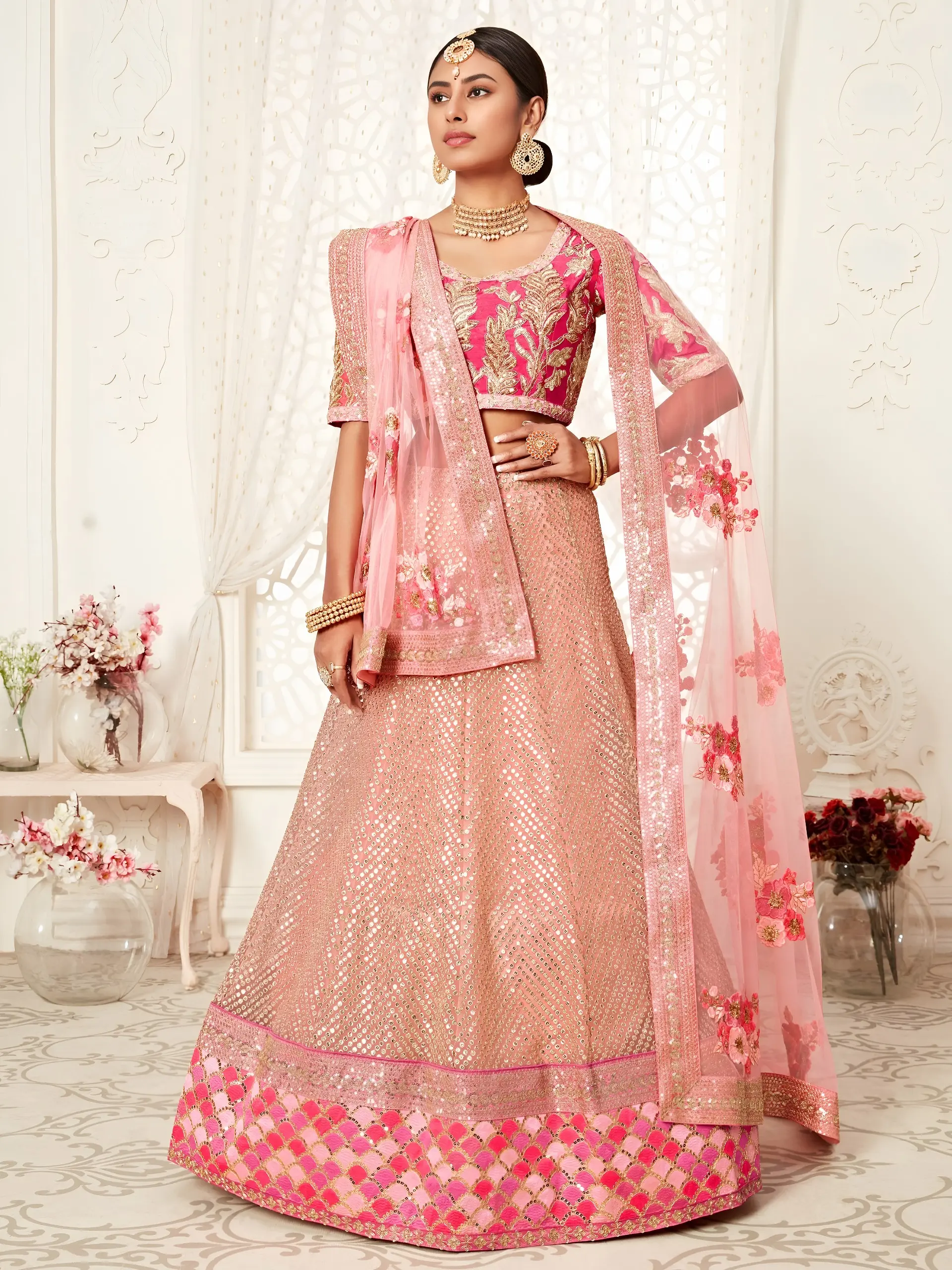 Blush Pink Soft Net Bridal Choli with Zari and Sequins Work