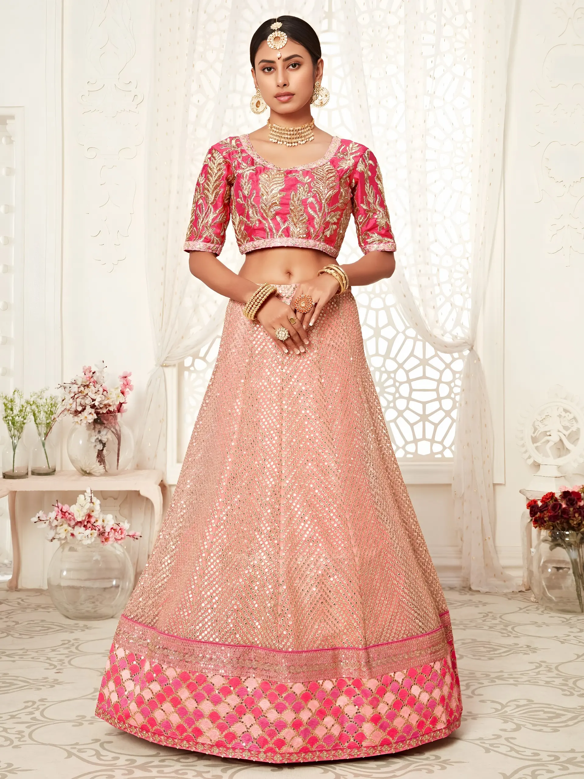 Blush Pink Soft Net Bridal Choli with Zari and Sequins Work