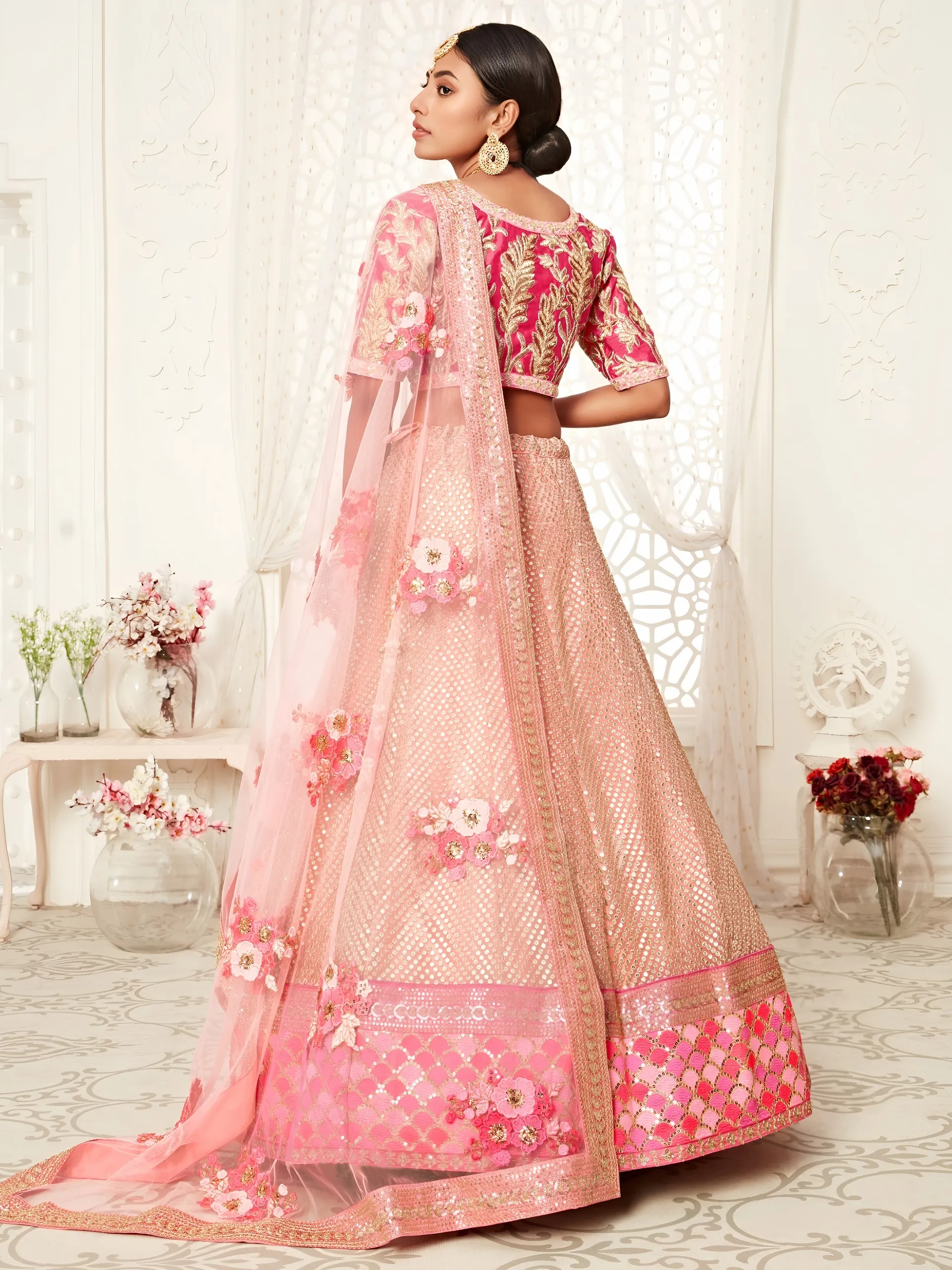 Blush Pink Soft Net Bridal Choli with Zari and Sequins Work