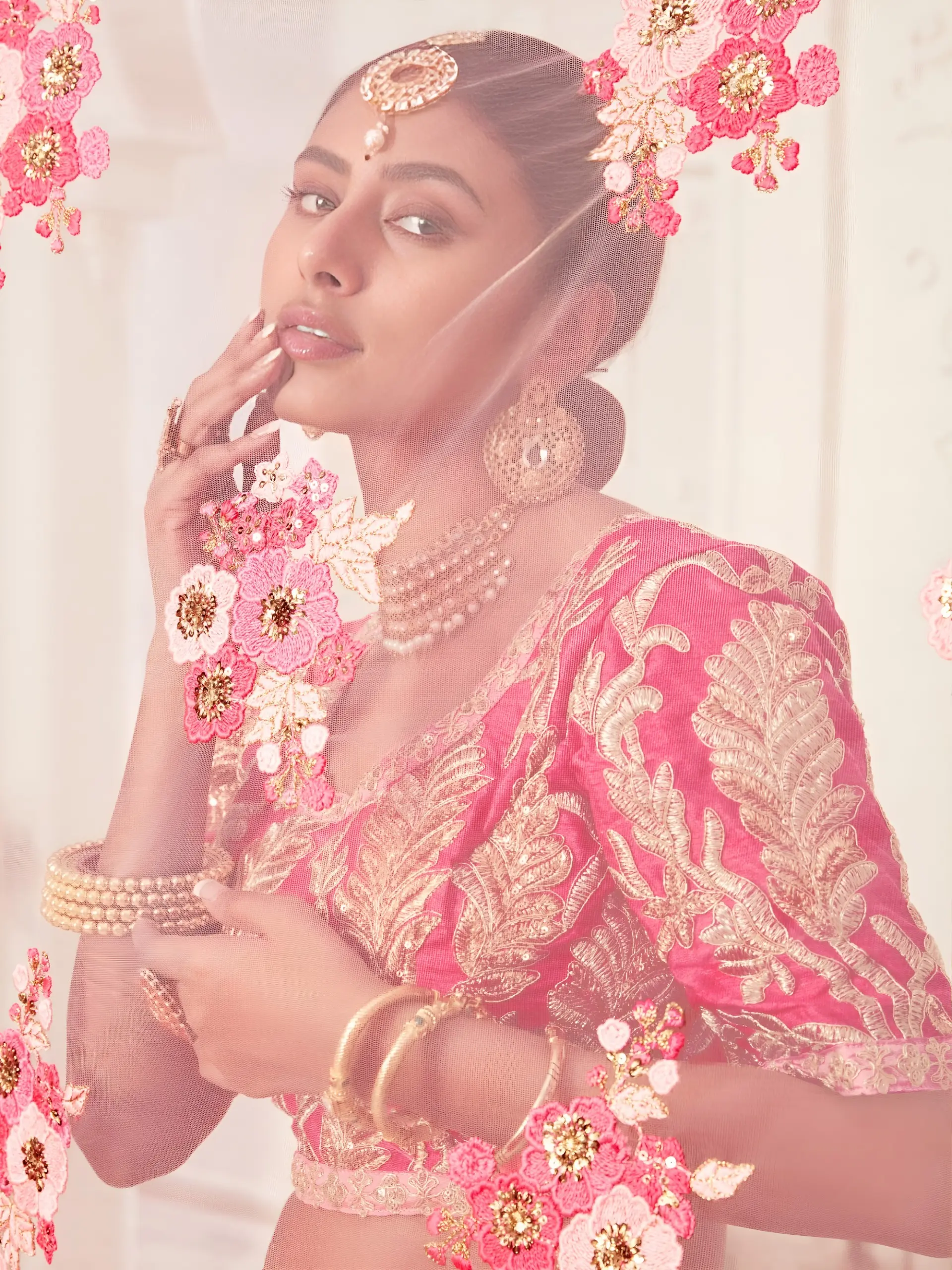 Blush Pink Soft Net Bridal Choli with Zari and Sequins Work
