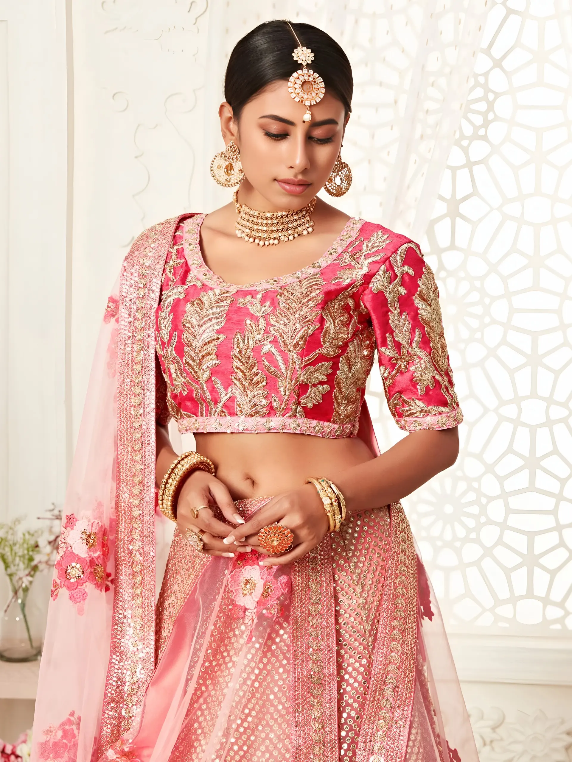 Blush Pink Soft Net Bridal Choli with Zari and Sequins Work