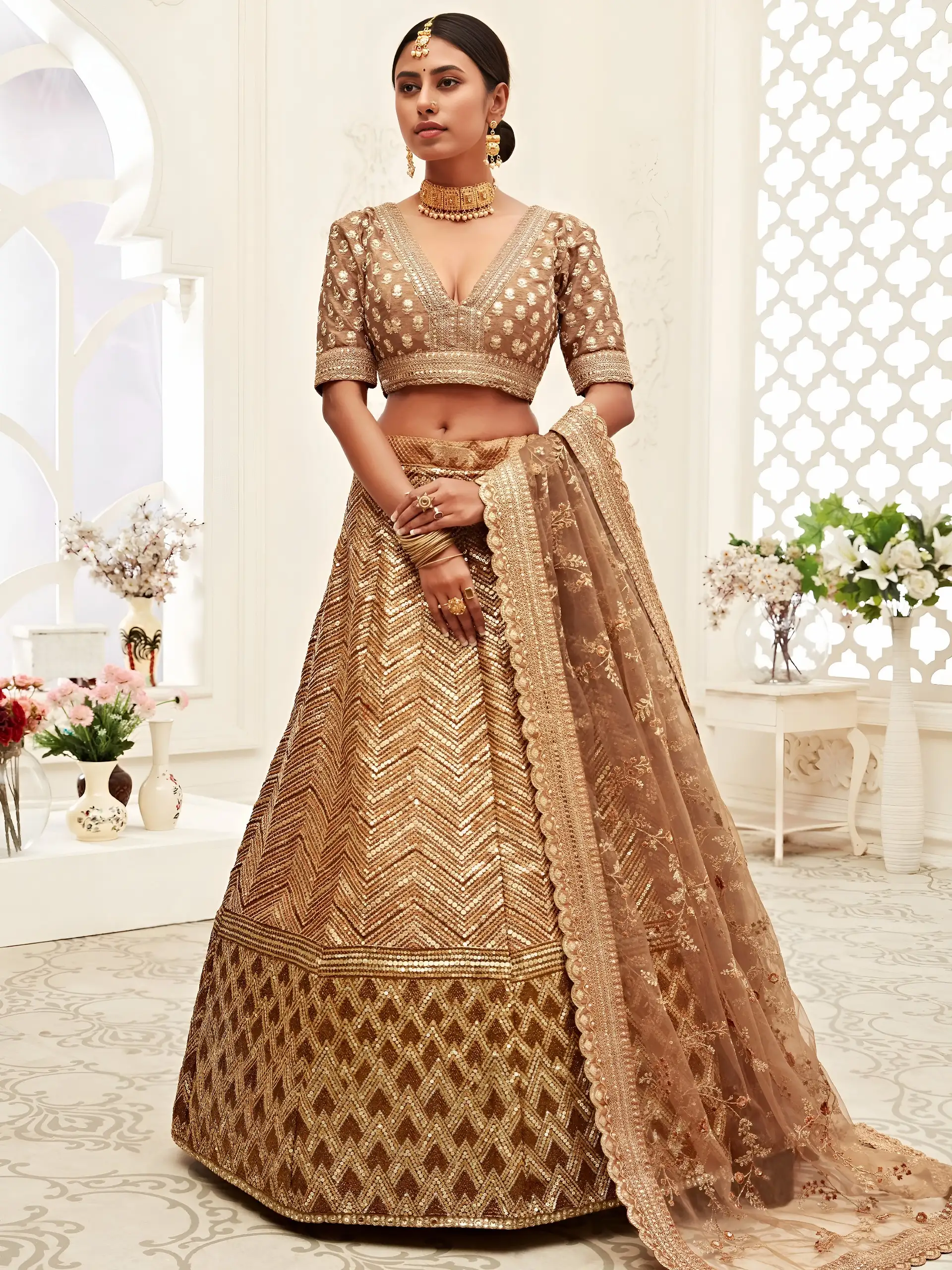 Champagne Gold Sequin Wedding Choli with Designer Blouse