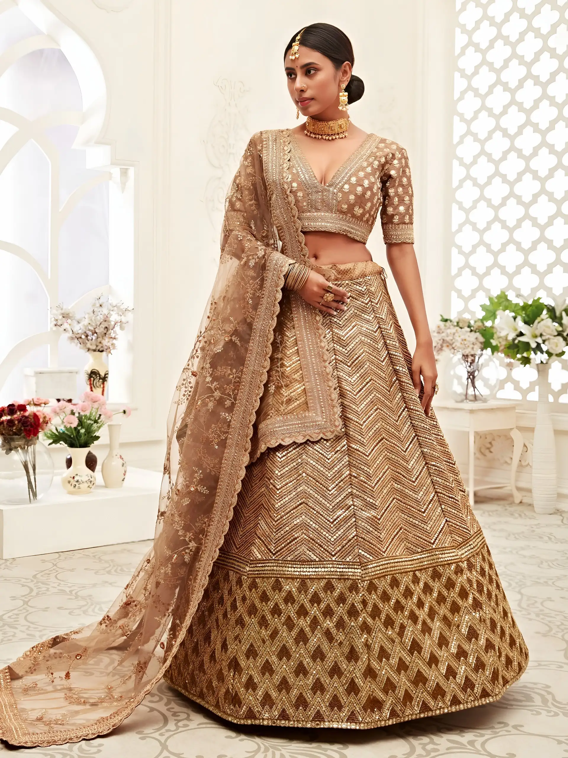 Champagne Gold Sequin Wedding Choli with Designer Blouse