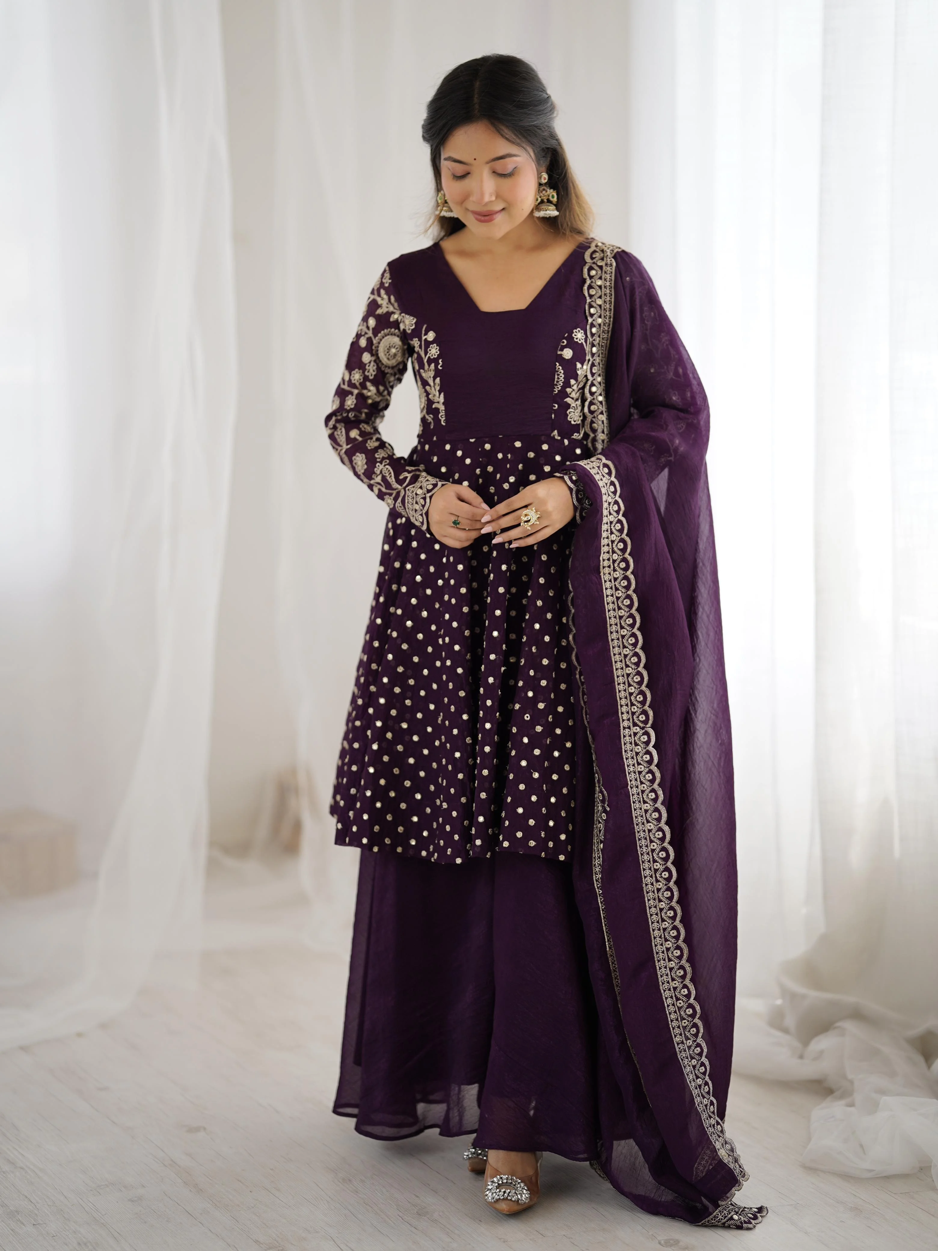 Crunchy Silk Embroidered Sharara Plazzo Suit Set