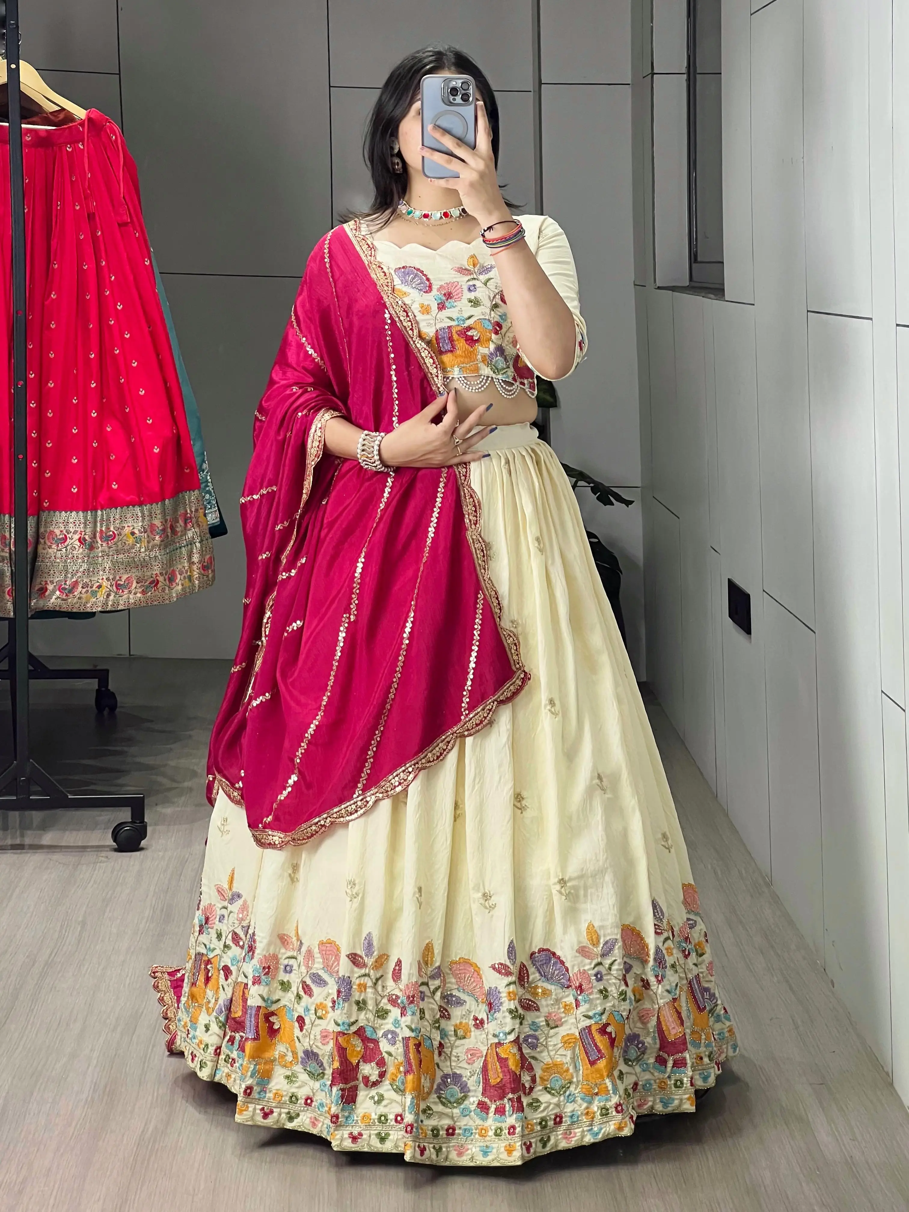 Crush Vichitra Embroidery Lehenga Choli With Chinon Dupatta
