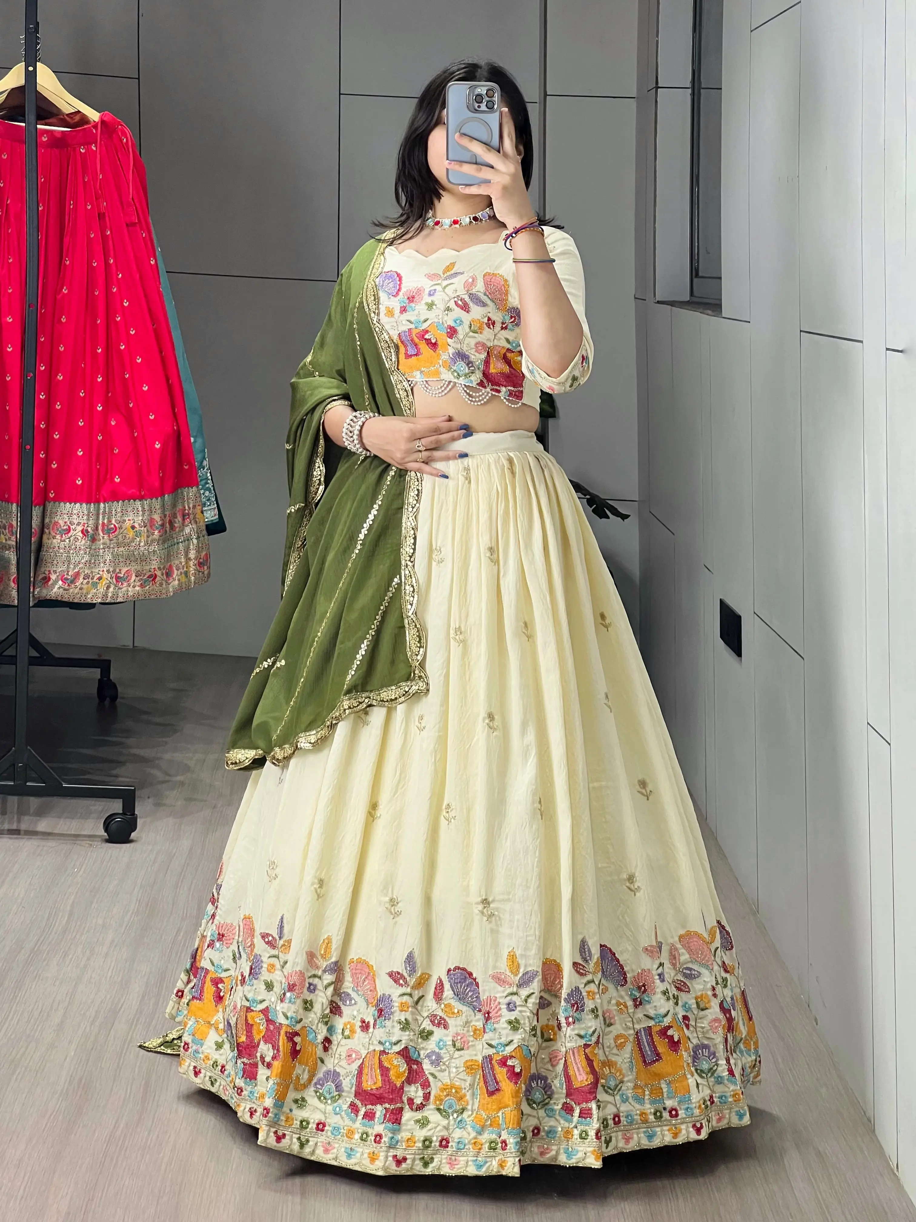 Crush Vichitra Embroidery Lehenga Choli With Chinon Dupatta