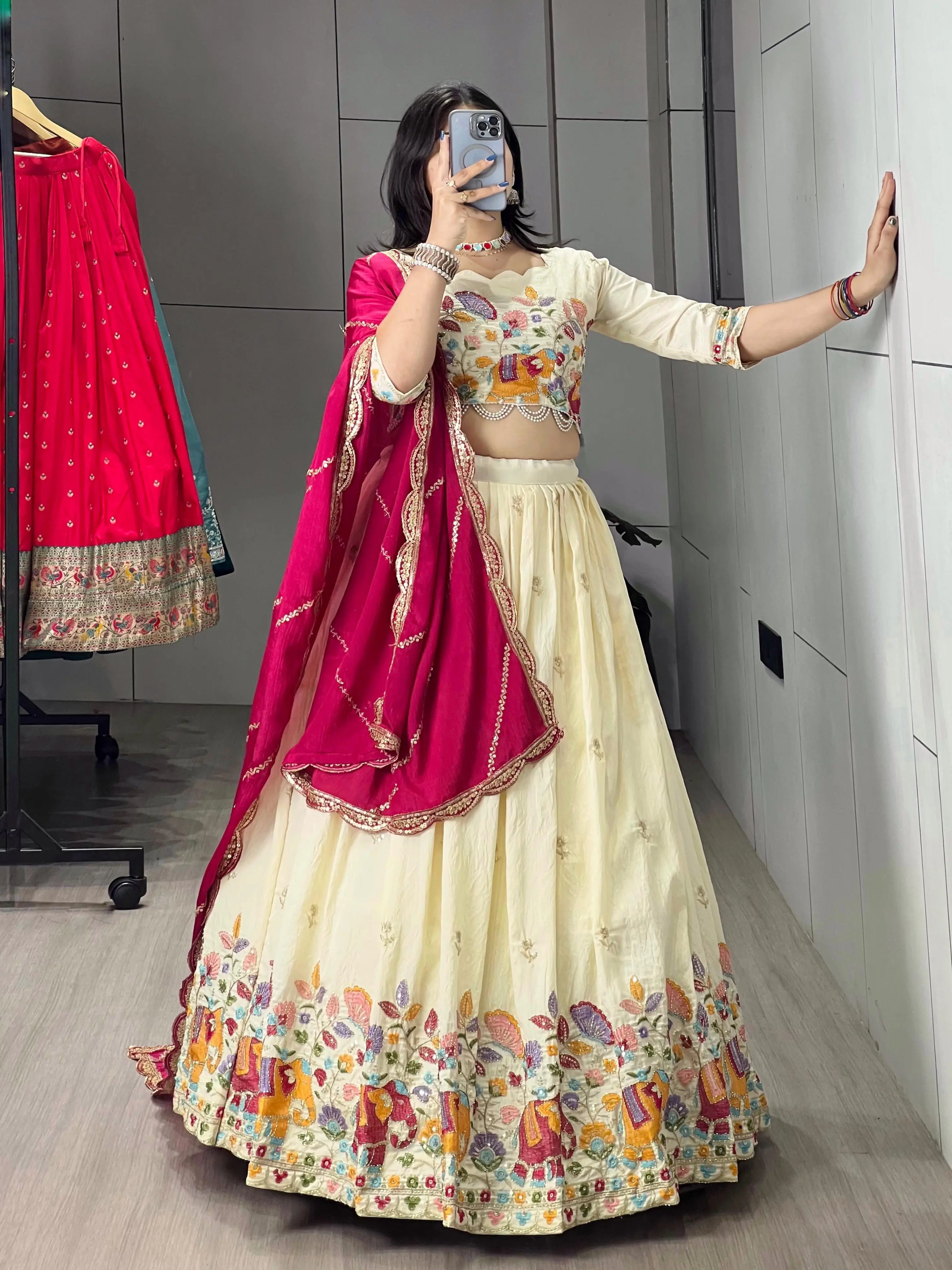 Crush Vichitra Embroidery Lehenga Choli With Chinon Dupatta
