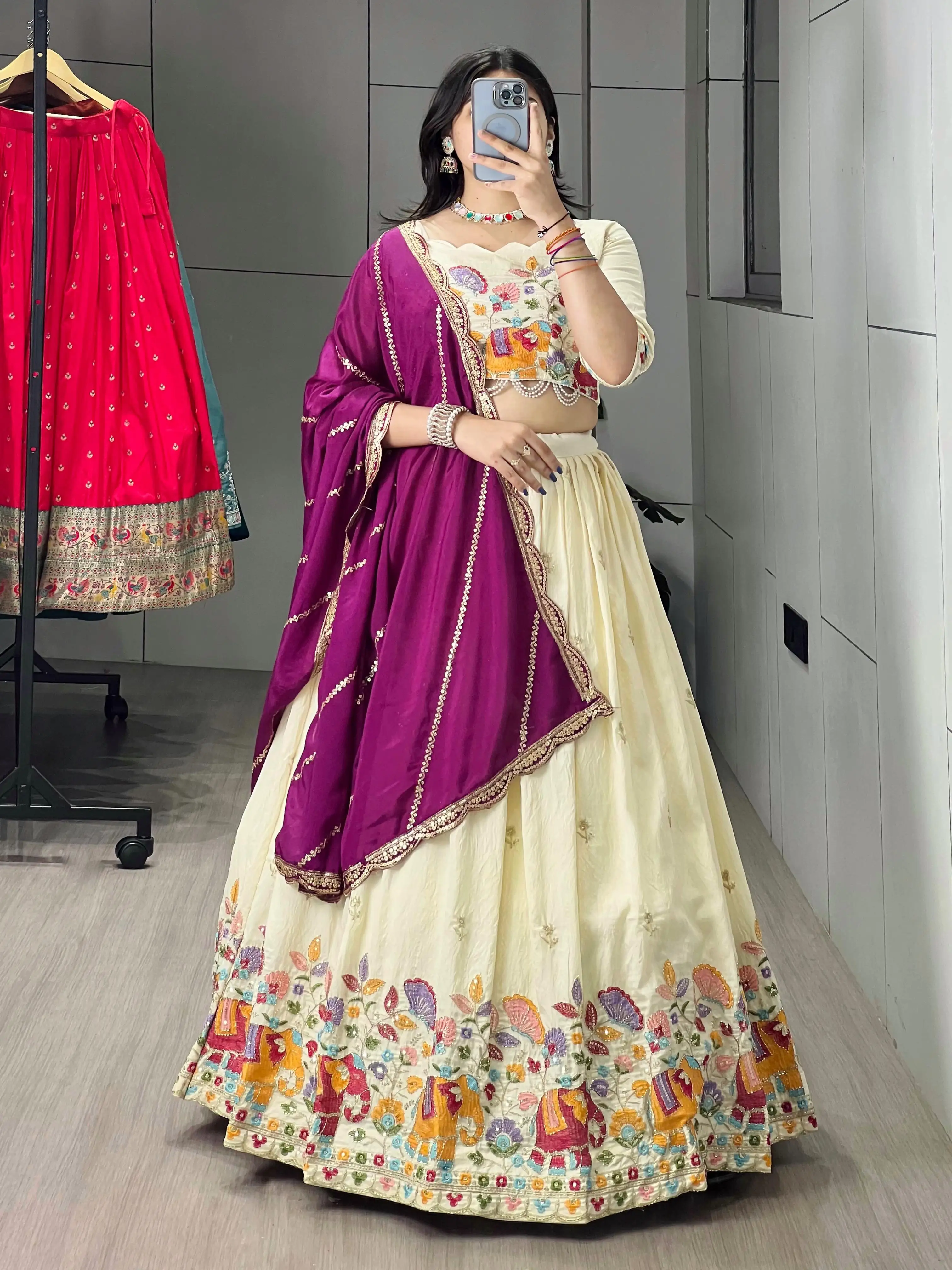 Crush Vichitra Embroidery Lehenga Choli With Chinon Dupatta