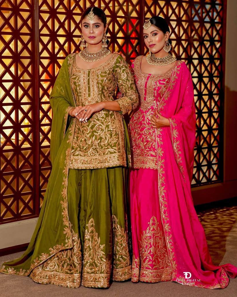 Designer Chinon Silk Coding Sequence Embroidery Sharara Suit With Dupatta