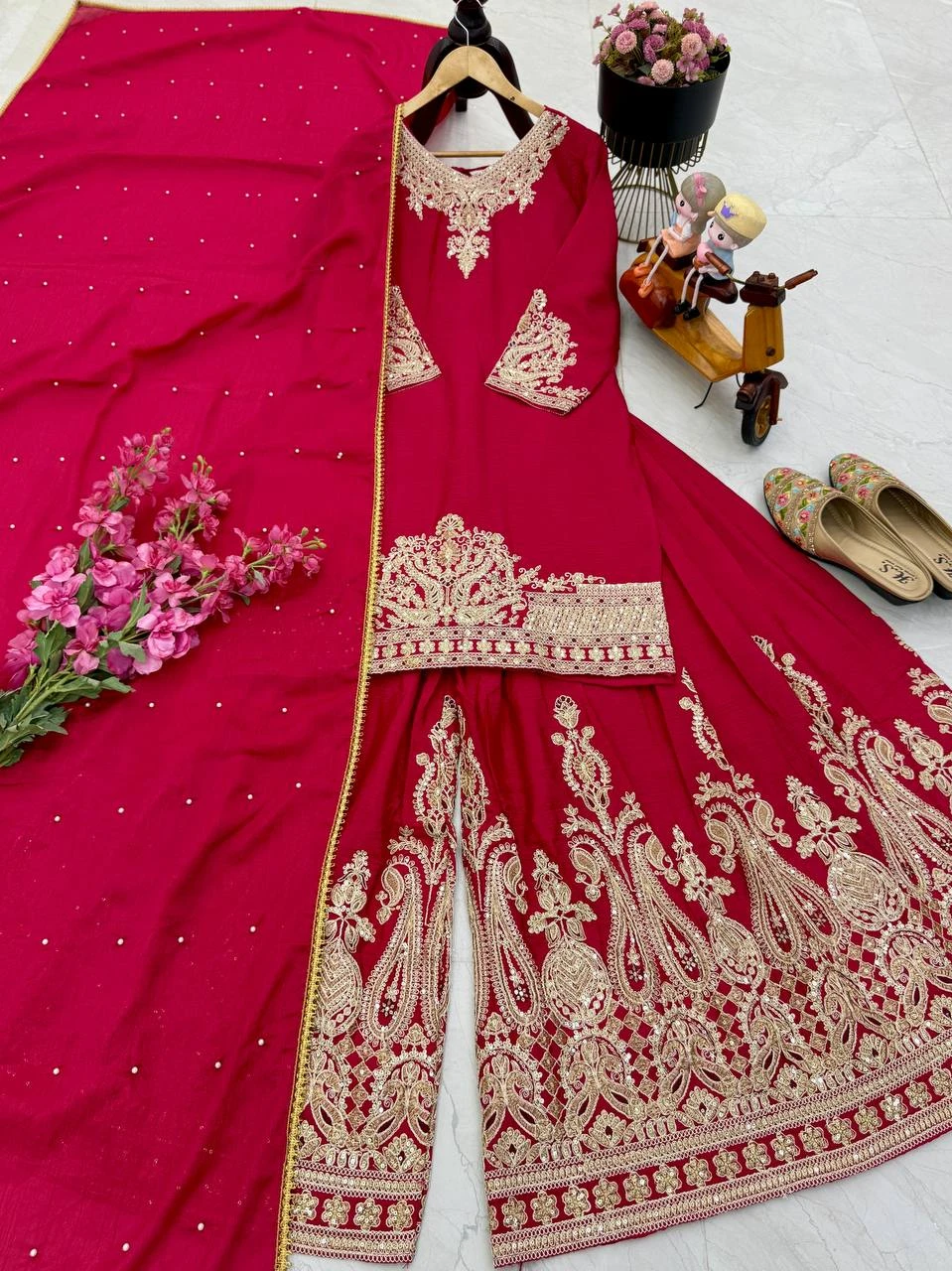 Designer Chinon Silk Sharara Suit Set