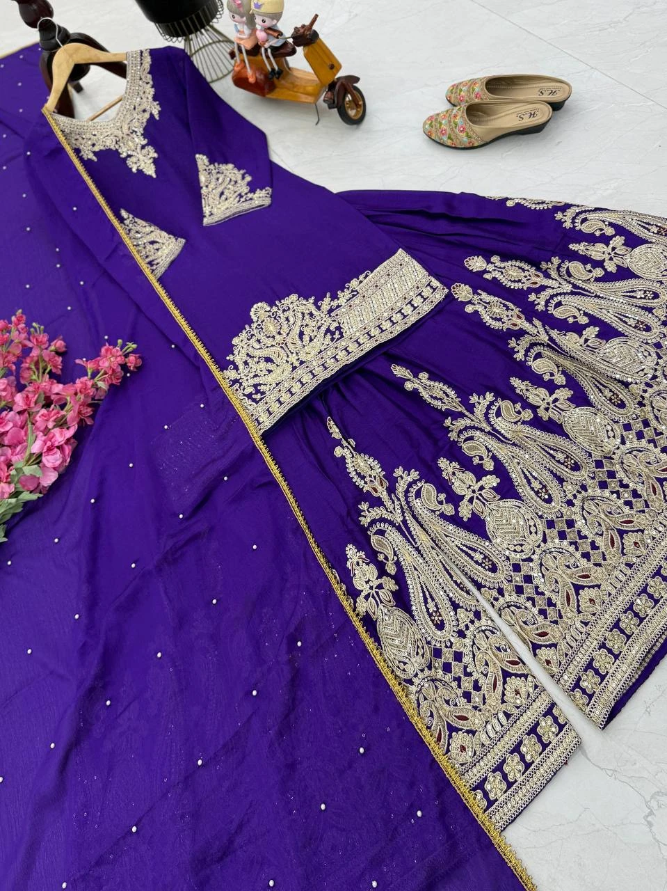Designer Chinon Silk Sharara Suit Set