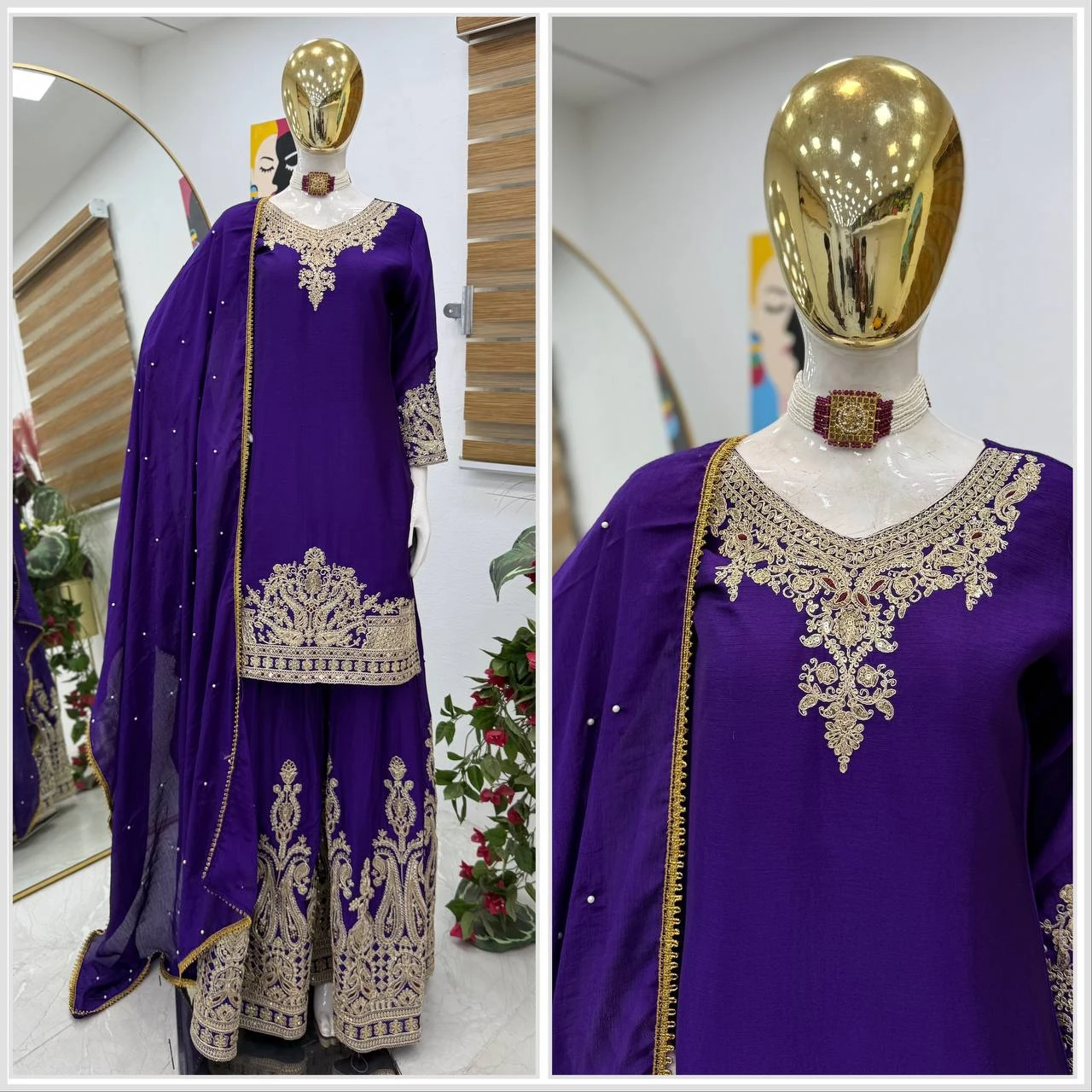 Designer Chinon Silk Sharara Suit Set