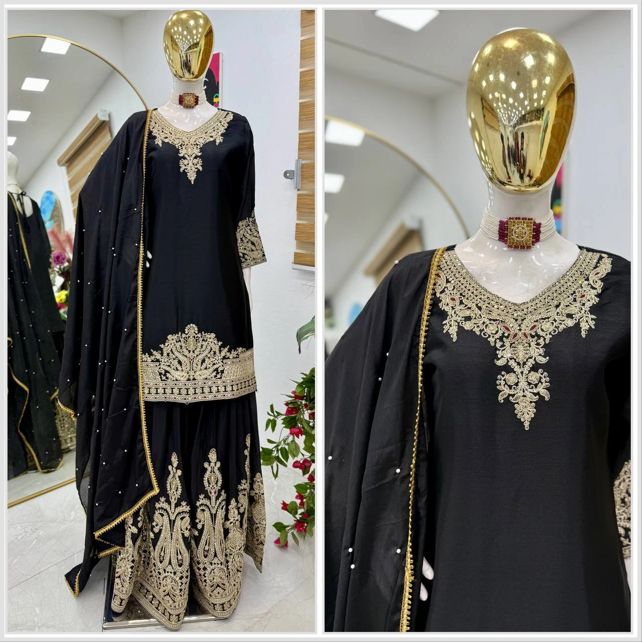 Designer Chinon Silk Sharara Suit Set