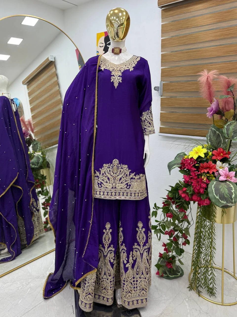 Designer Chinon Silk Sharara Suit Set
