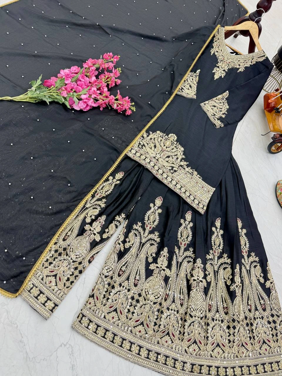 Designer Chinon Silk Sharara Suit Set