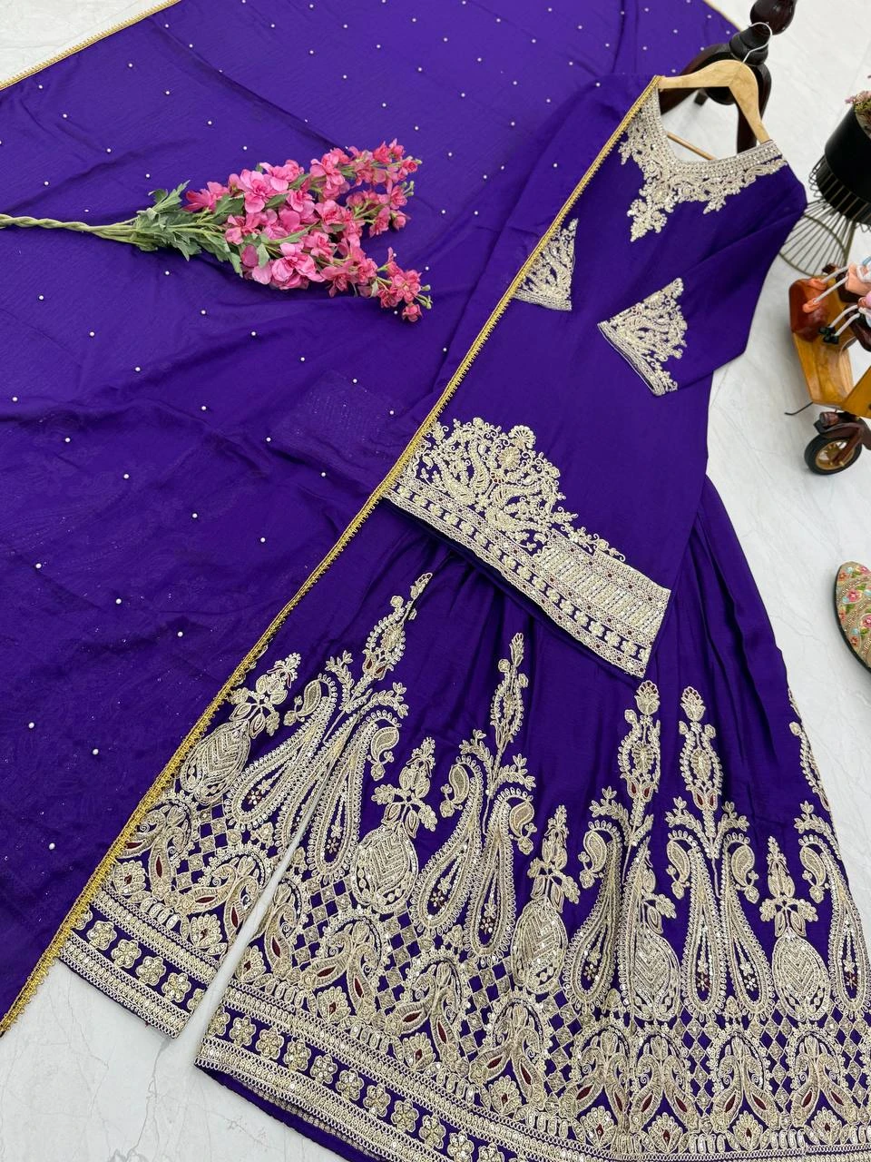 Designer Chinon Silk Sharara Suit Set