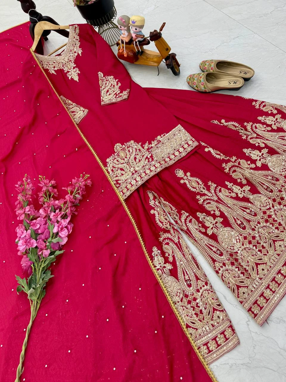 Designer Chinon Silk Sharara Suit Set