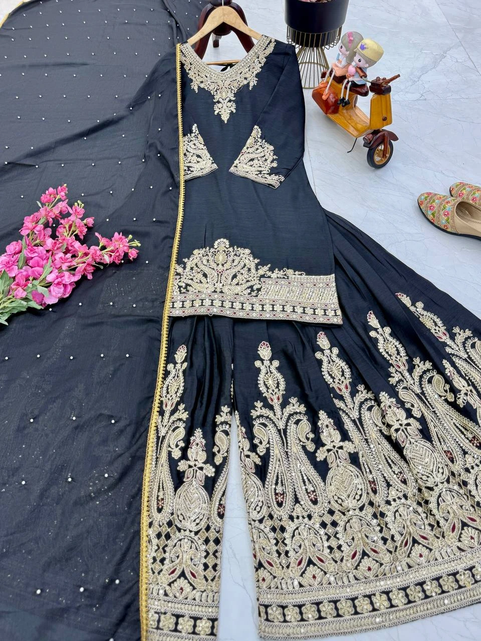 Designer Chinon Silk Sharara Suit Set