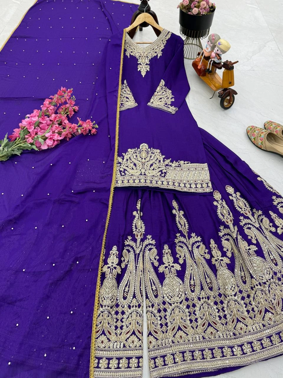Designer Chinon Silk Sharara Suit Set