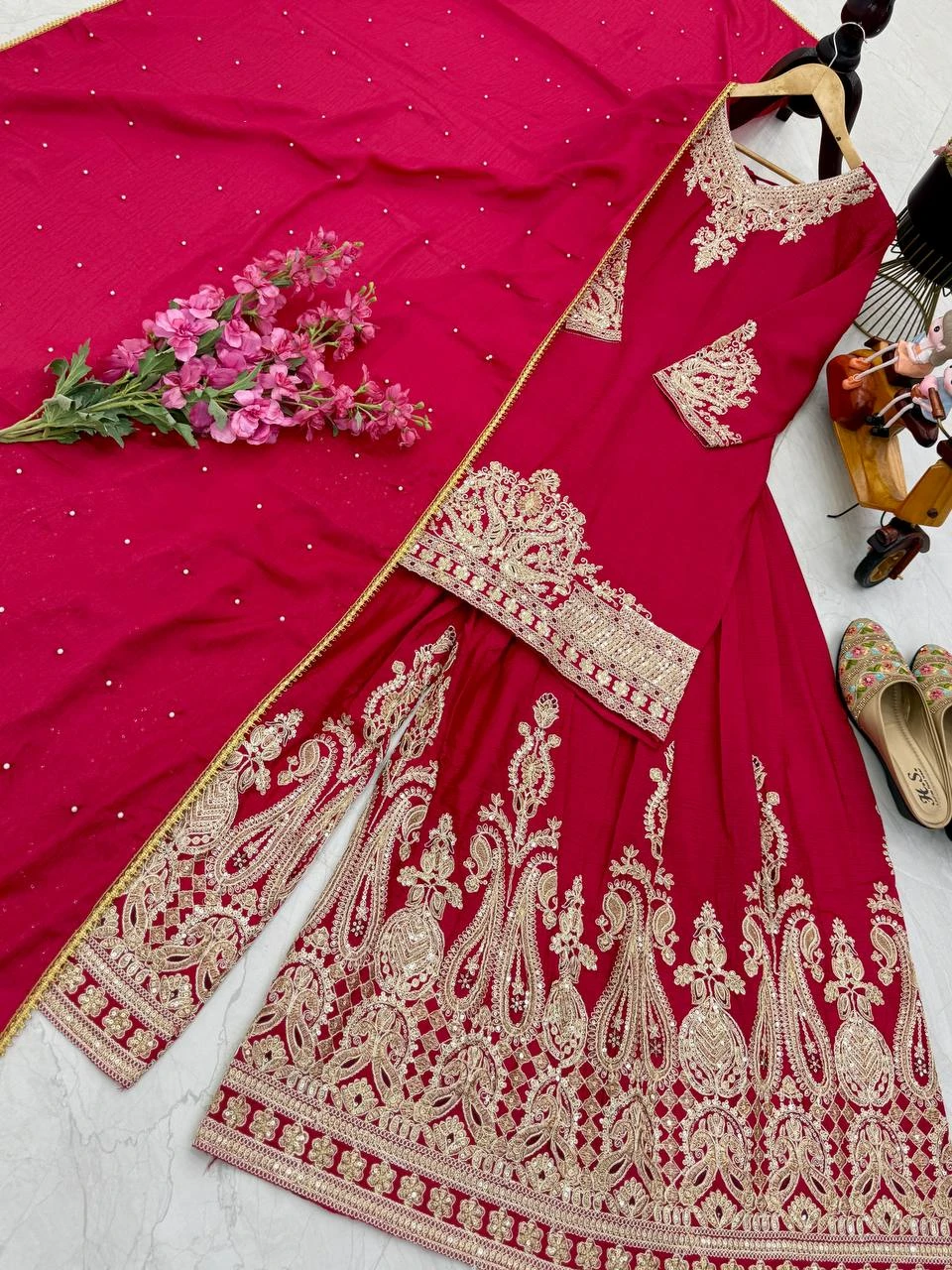 Designer Chinon Silk Sharara Suit Set
