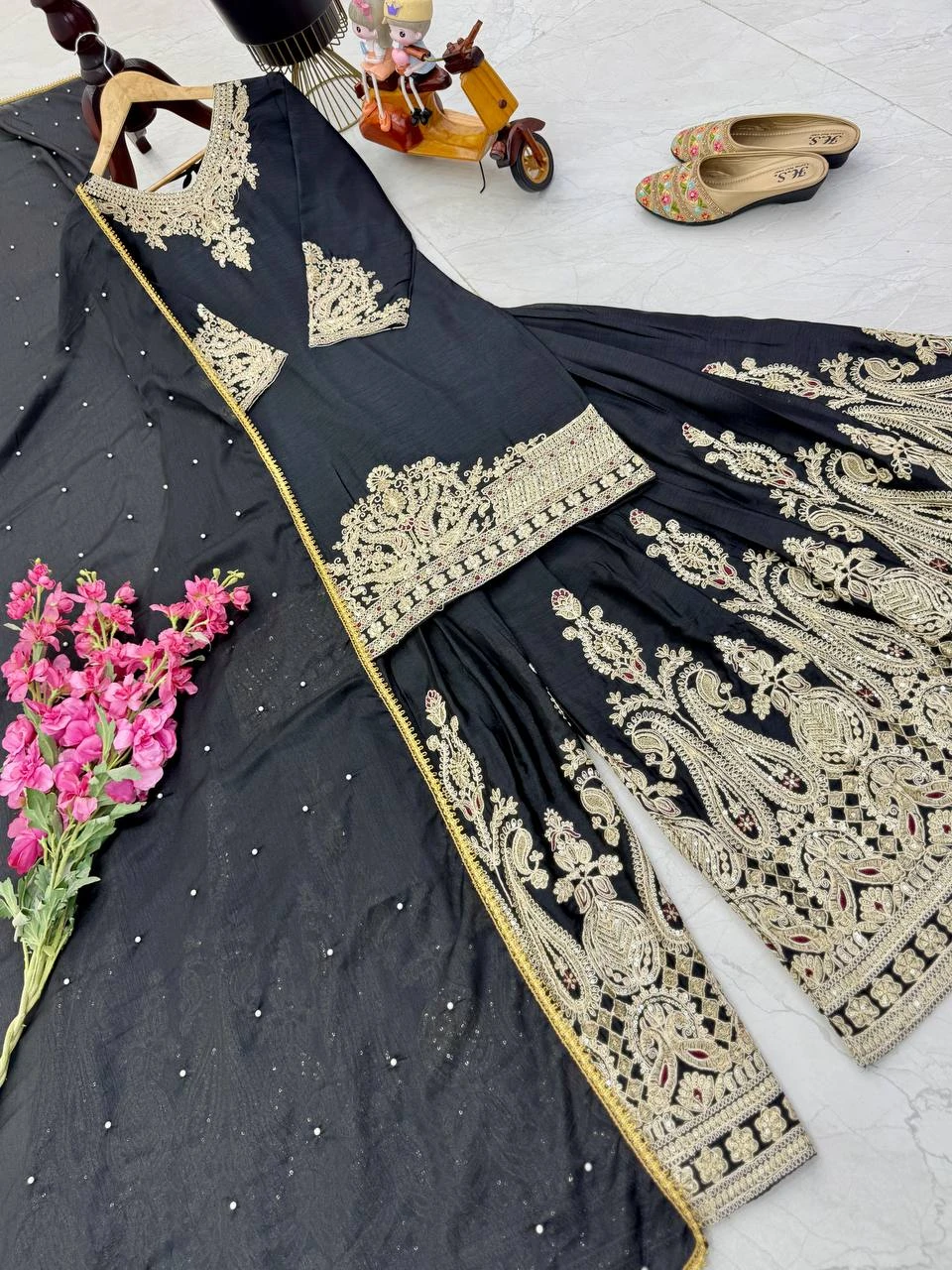 Designer Chinon Silk Sharara Suit Set