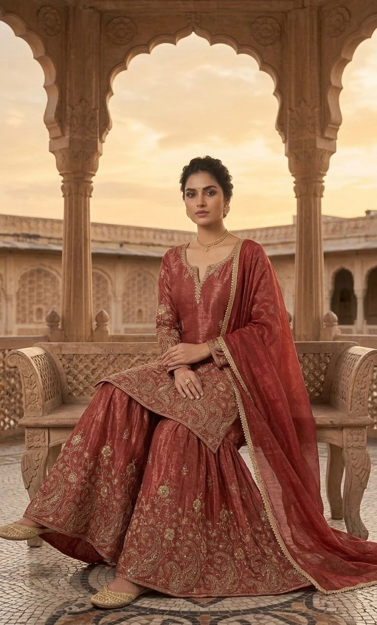Designer Crunchy Silk Sequence Embroidery Sharara Palazzo Suit With Dupatta