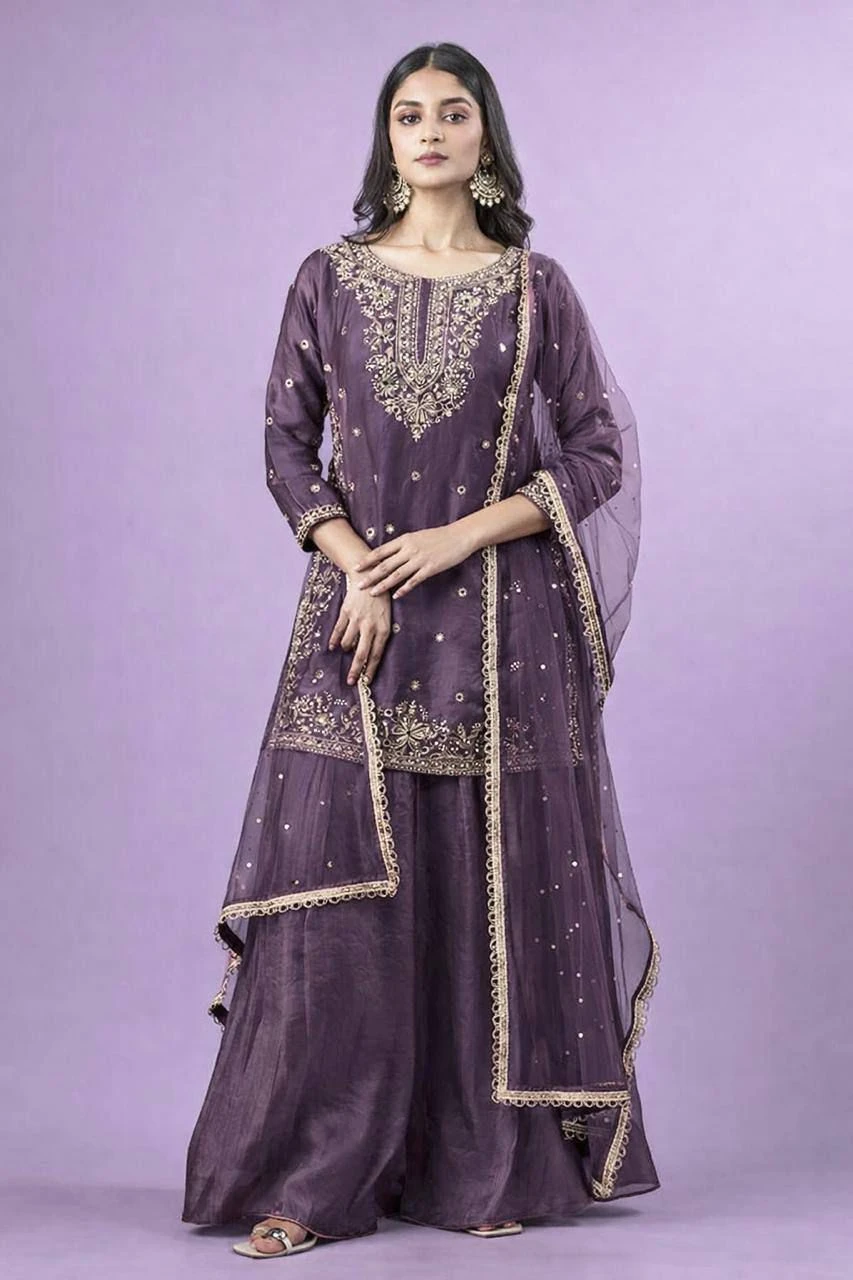 Designer Fandy Silk Top Palazzo Dupatta Set