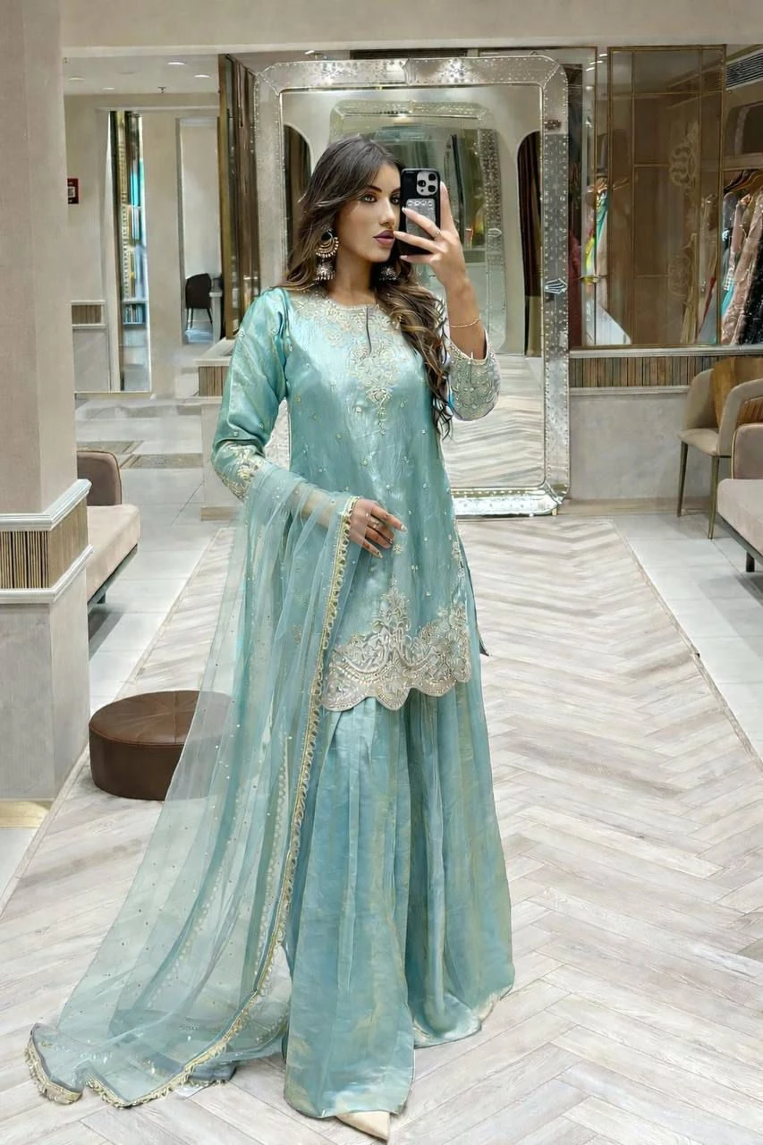 Designer Fandy Silk Top Palazzo With Dupatta Set
