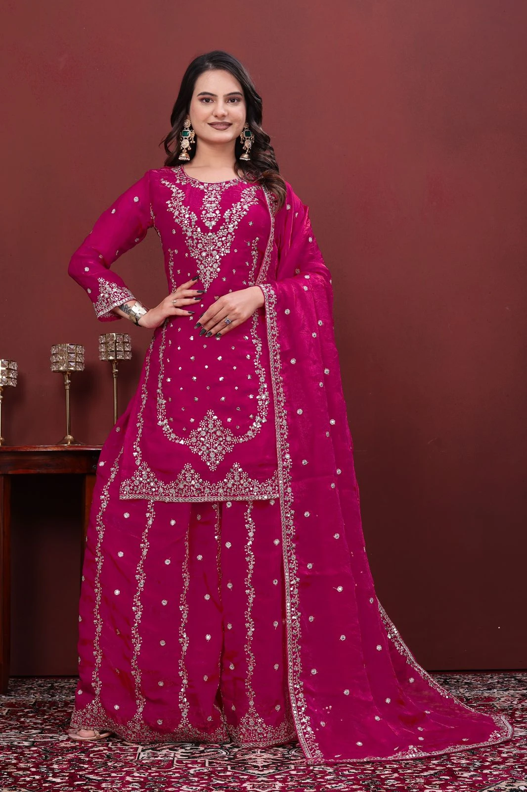 Designer Fendy Silk Embroidered Sharara Suit Set