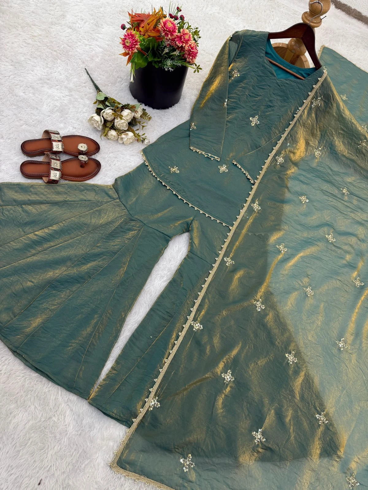 Designer Fendy Silk Sharara Plazzo Set