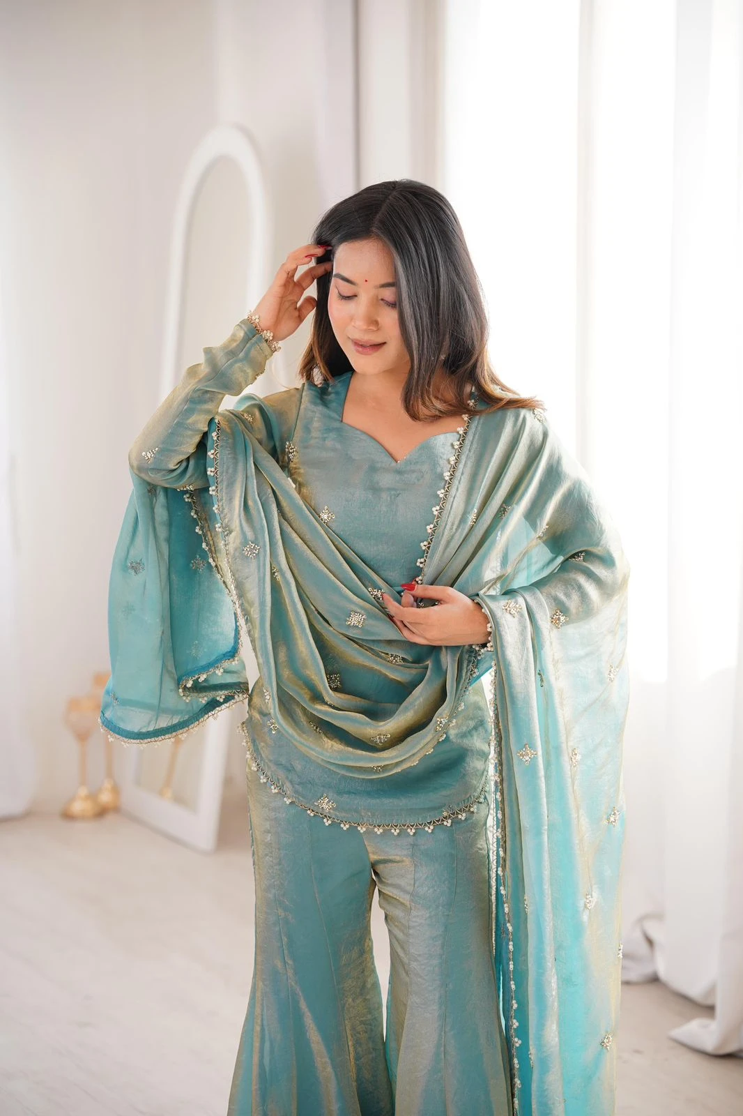 Designer Fendy Silk Sharara Plazzo Set