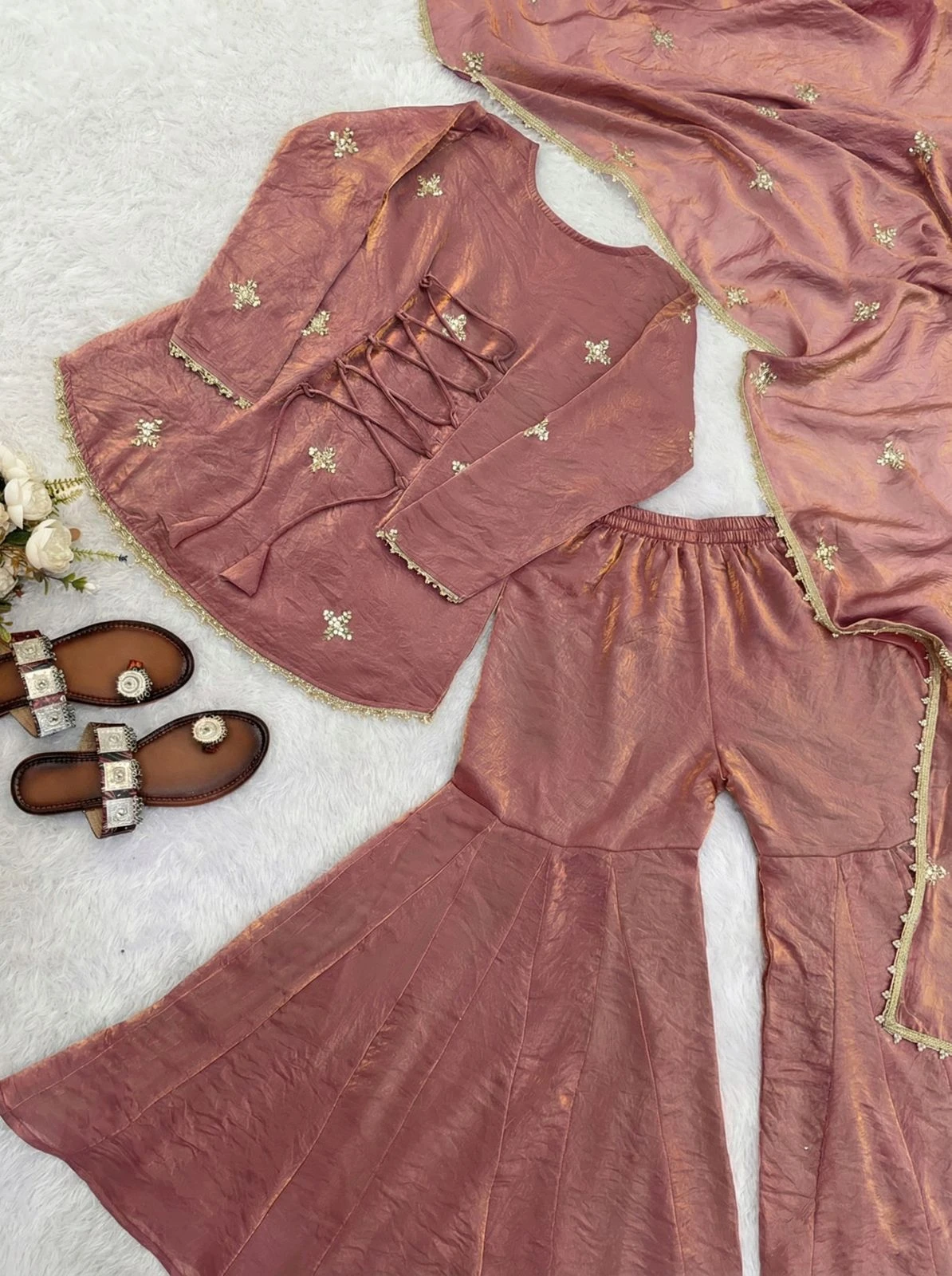 Designer Fendy Silk Sharara Plazzo Set