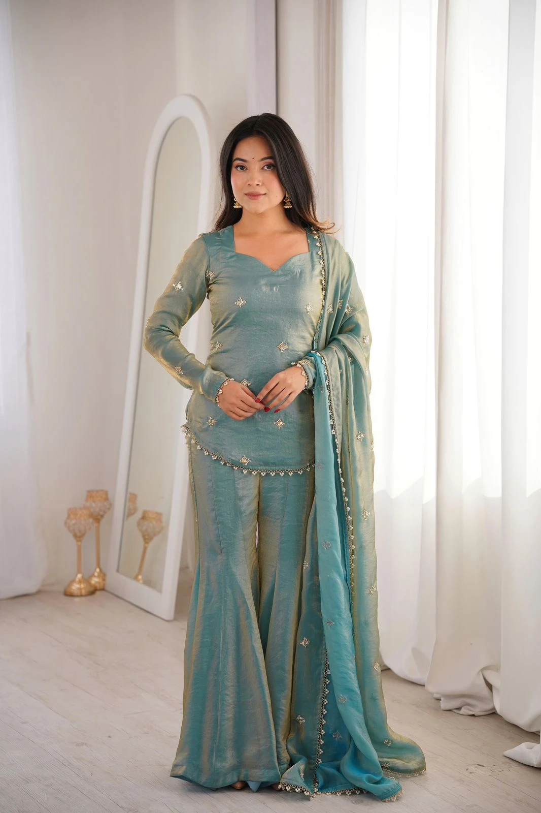 Designer Fendy Silk Sharara Plazzo Set