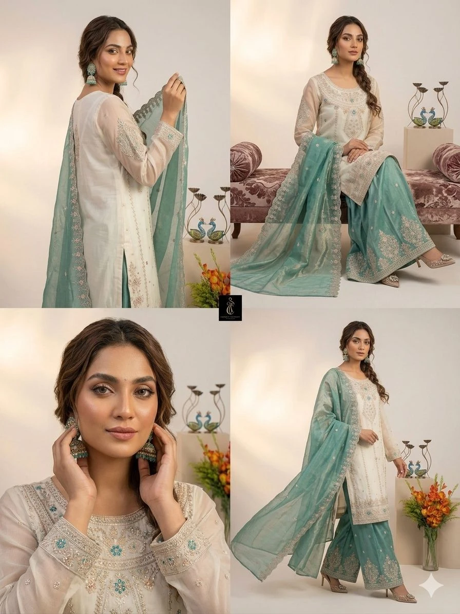 Designer Frendy Silk Embroidery Moti Work Palazzo Suit With Dupatta