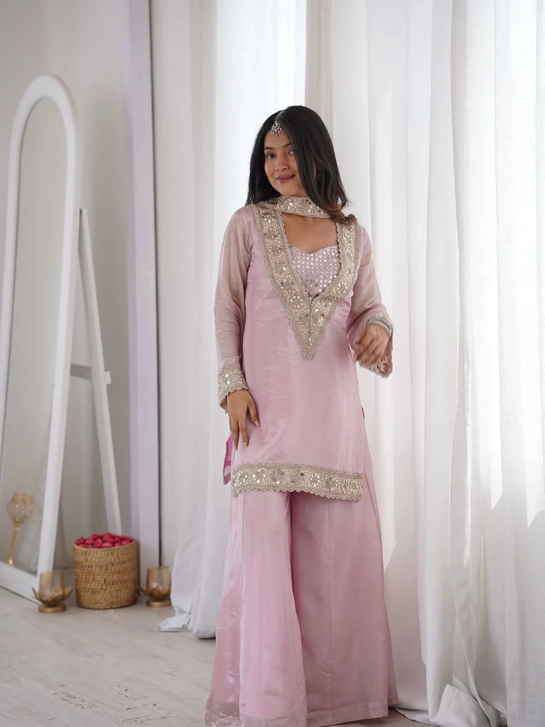 Designer Frendy Silk Real Mirror Work Palazzo Suit With Dupatta