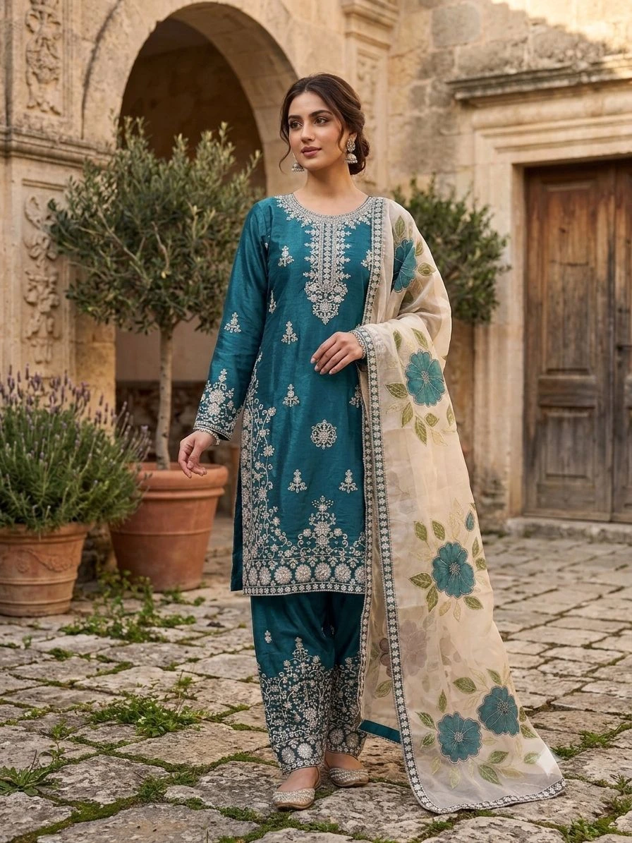 Designer GMY Silk Embroidered Palazzo Set