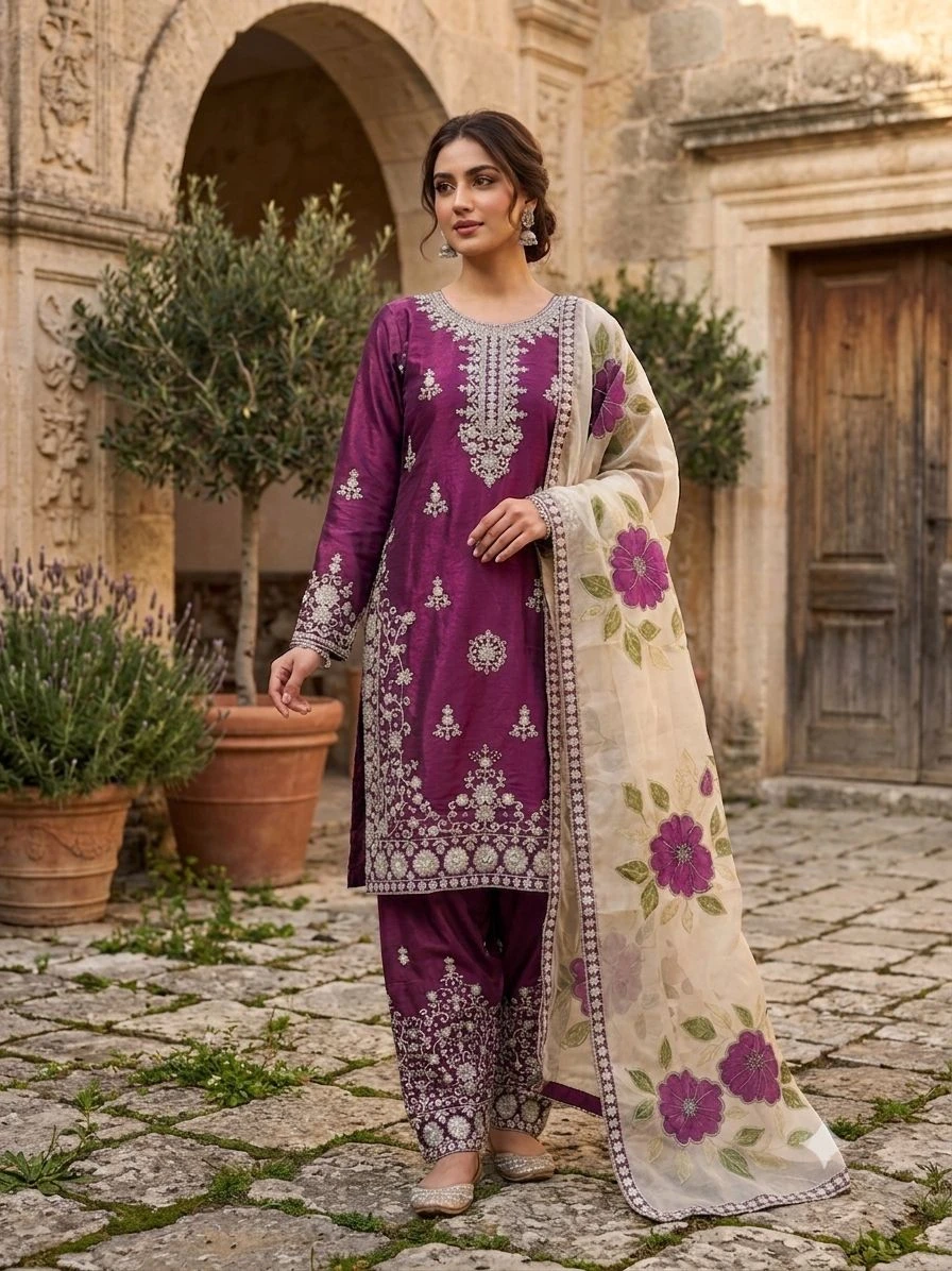 Designer GMY Silk Embroidery Plazzo Suit Set