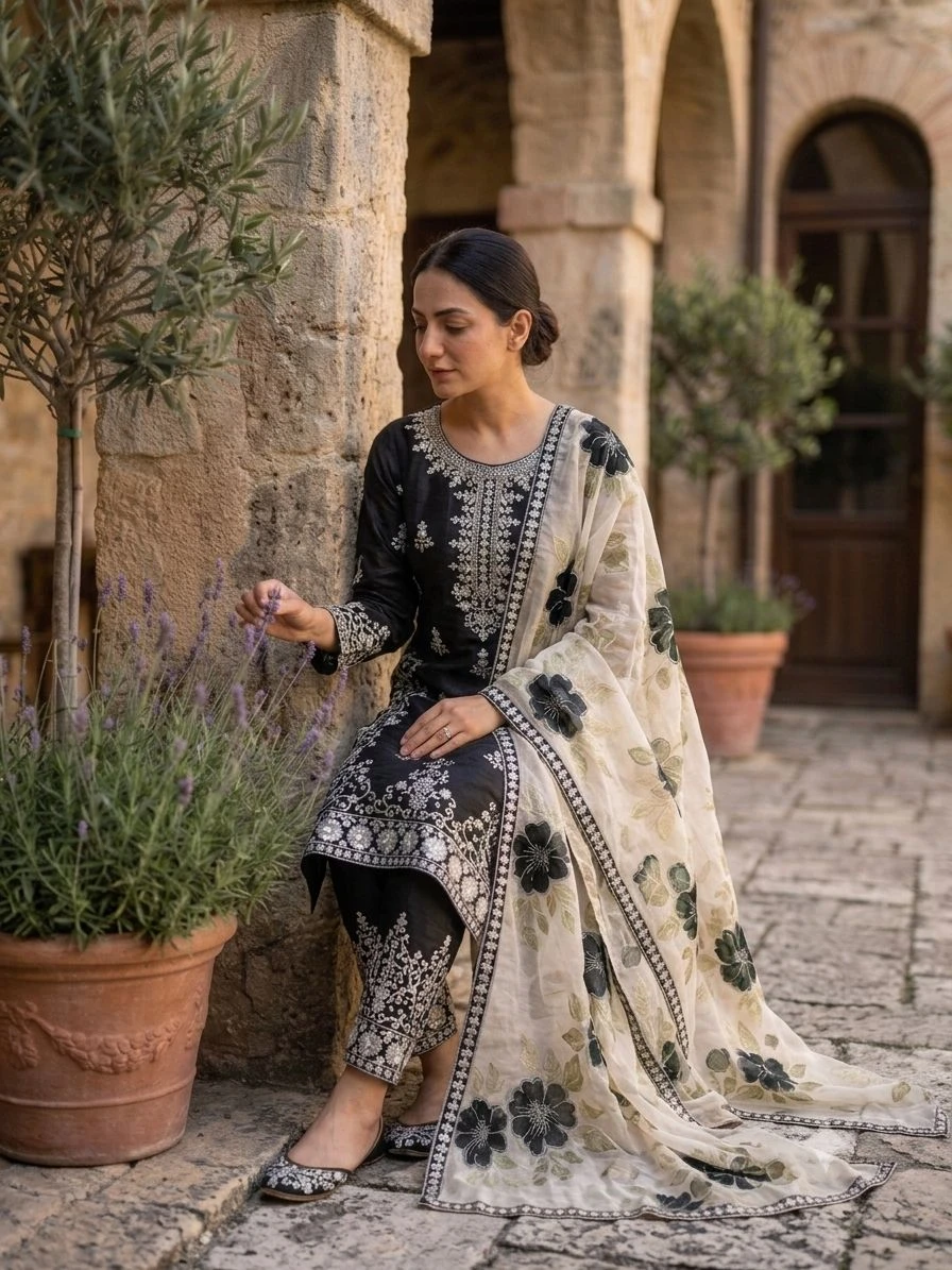 Designer GMY Silk Embroidery Plazzo Suit Set