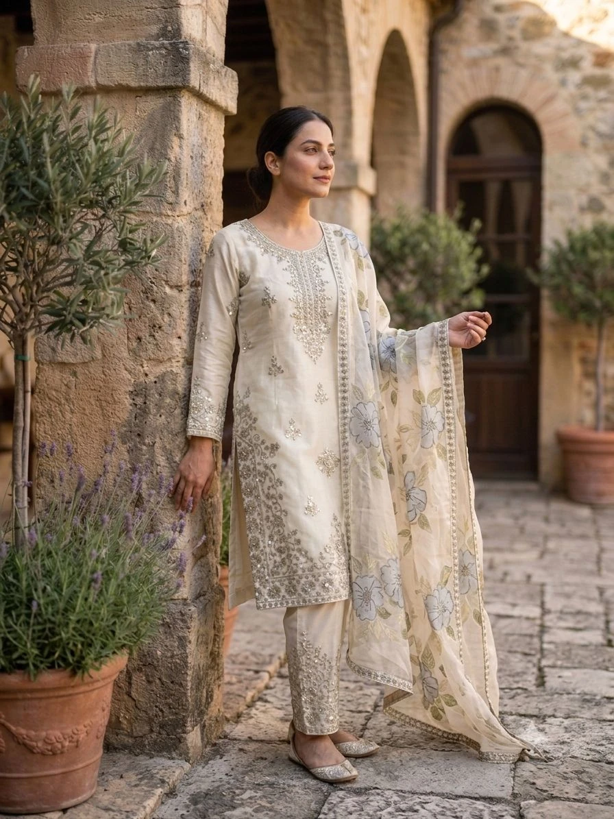 Designer GMY Silk Embroidery Plazzo Suit Set