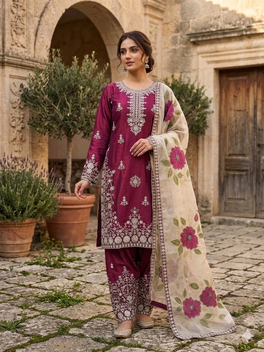 Designer GMY Silk Embroidery Plazzo Suit Set