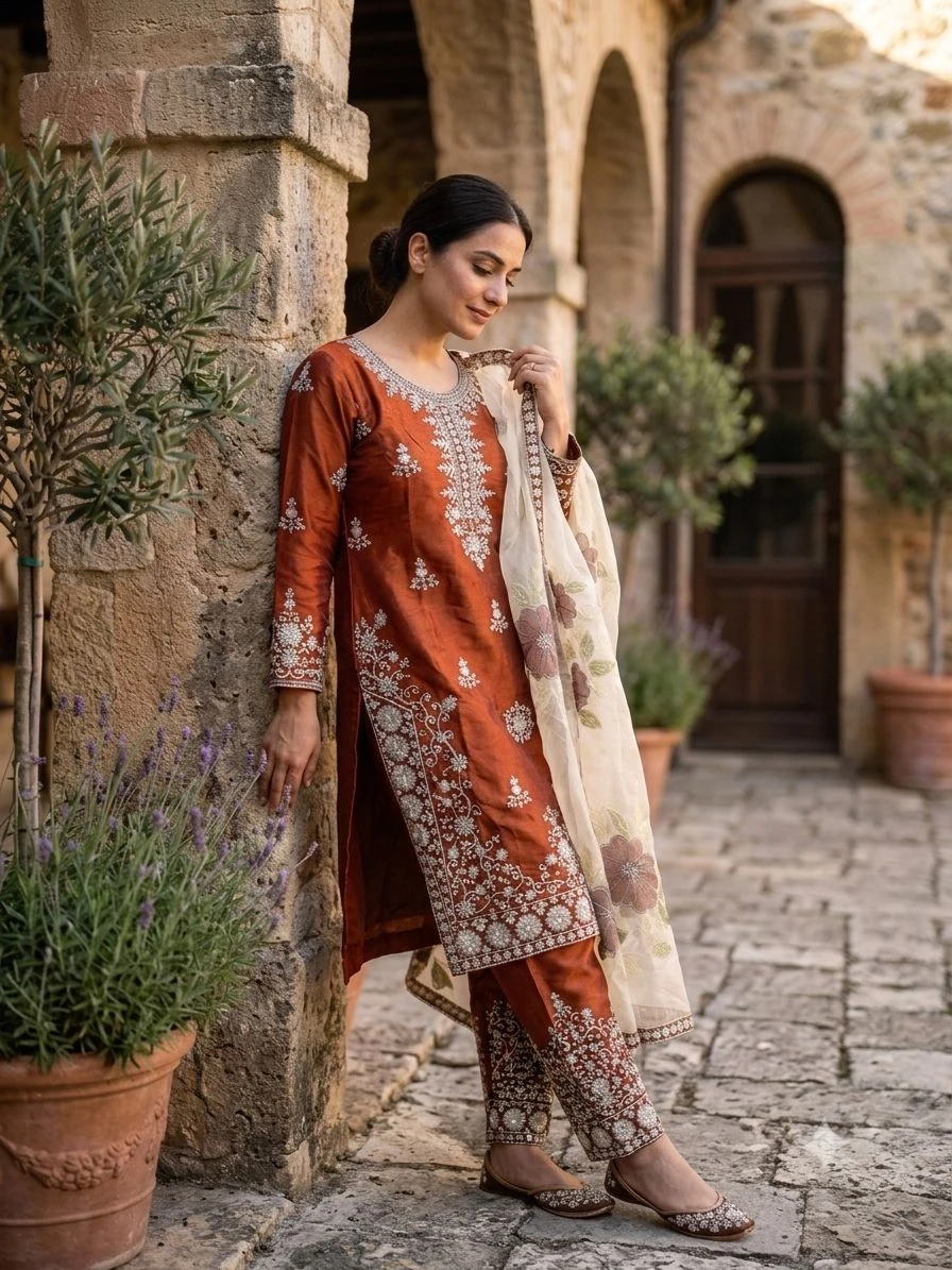 Designer GMY Silk Embroidery Plazzo Suit Set