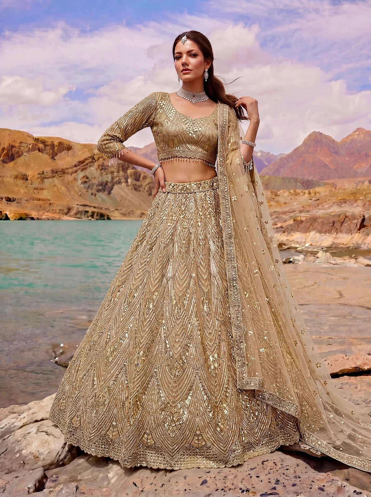 Designer Golden Net Lehenga Choli 3019