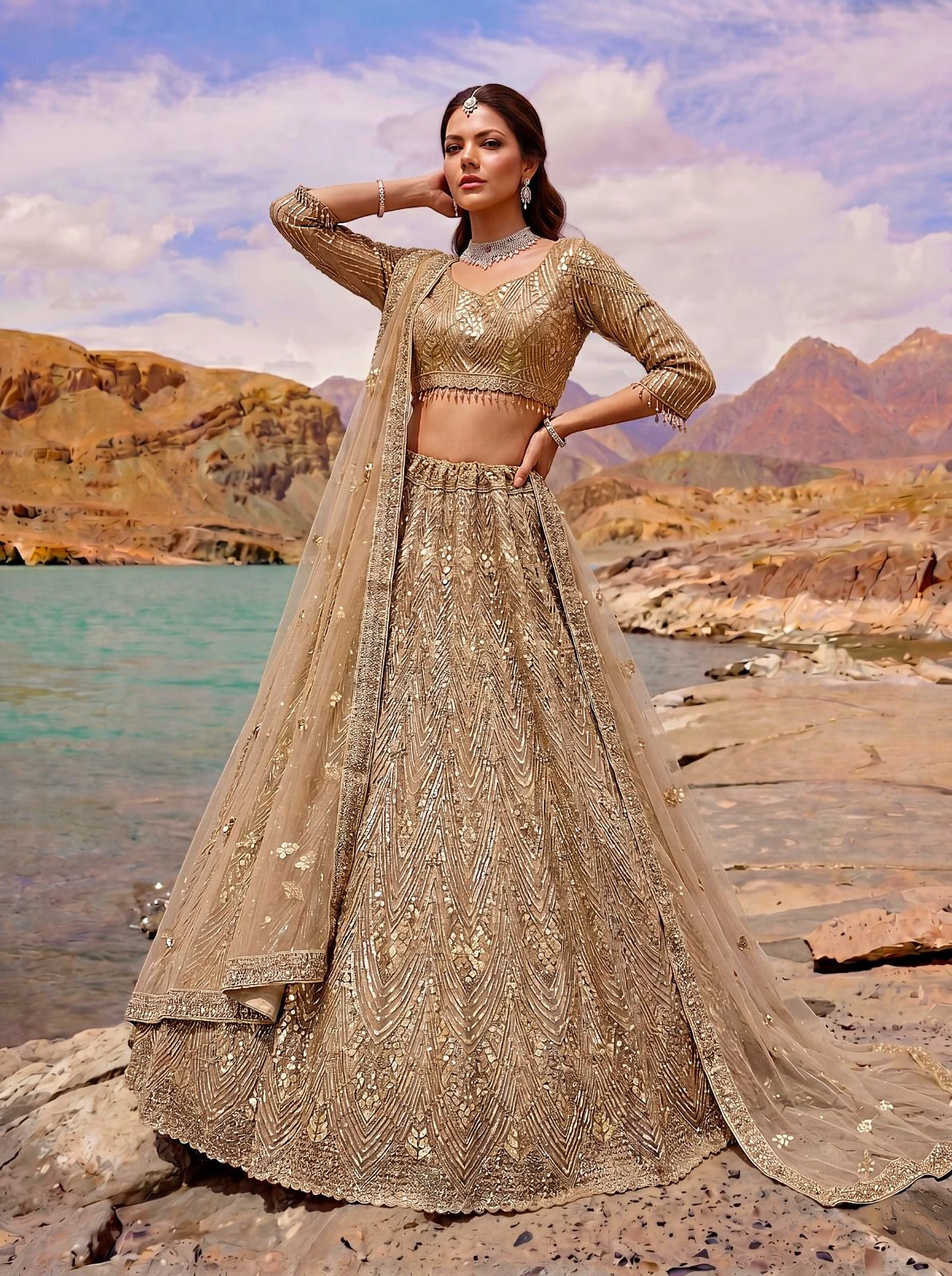 Designer Golden Net Lehenga Choli 3019