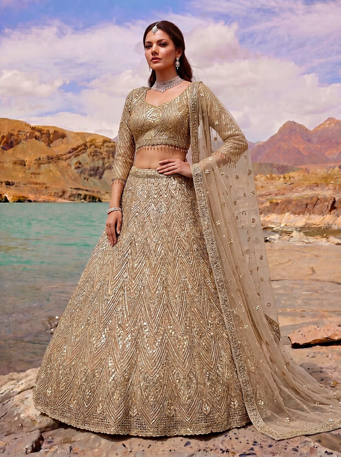 Designer Golden Net Lehenga Choli 3019