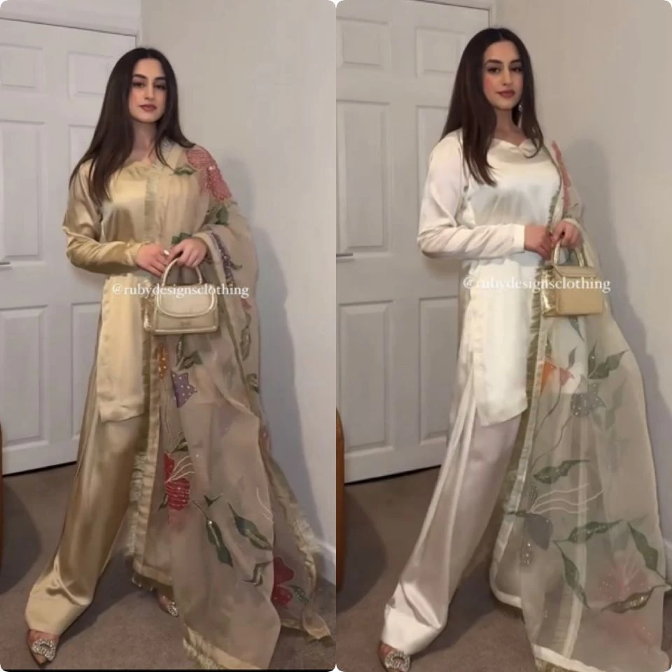 Designer Heavy Japan Satin Silk Top With Farshi Plazzo And Organza Dupatta