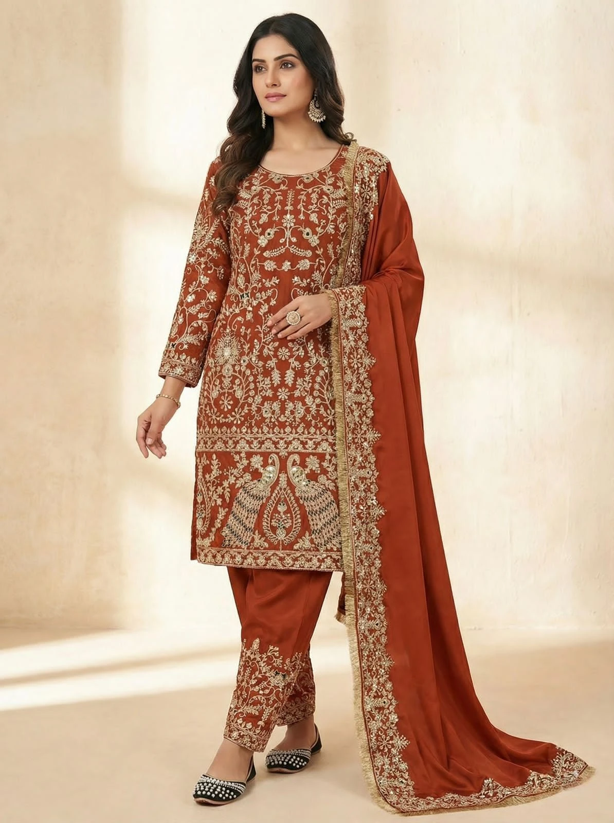 Designer Natural Crepe Silk Long Punjabi Farshi Salwar Suit With Dupatta