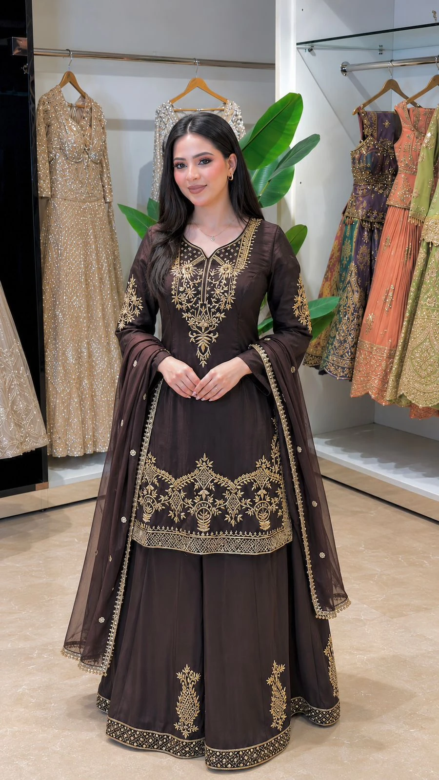 Designer Natural Crepe Silk Top Plazzo Dupatta Set