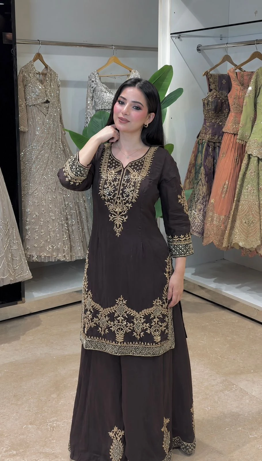 Designer Natural Crepe Silk Top Plazzo Dupatta Set