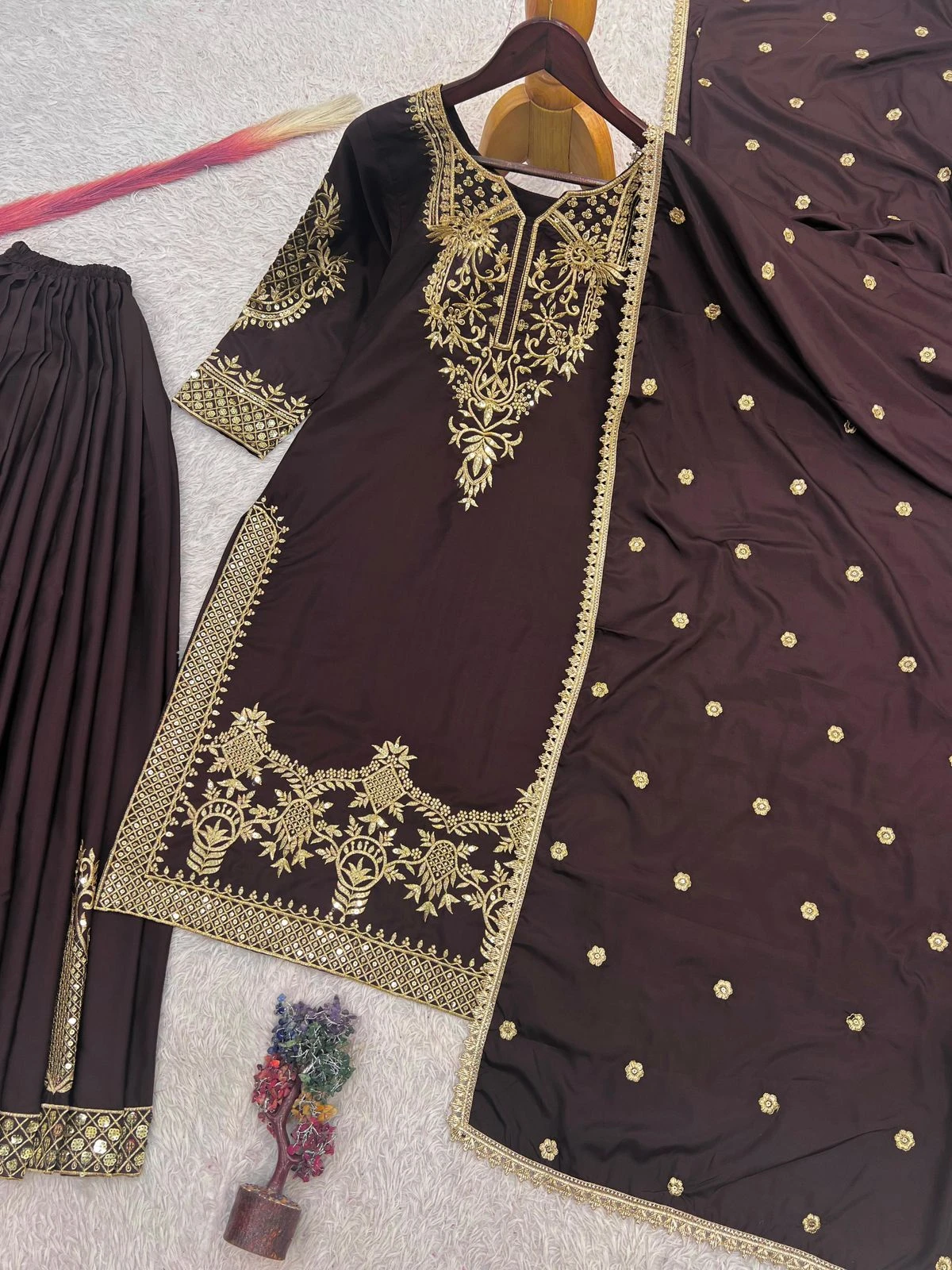 Designer Natural Crepe Silk Top Plazzo Dupatta Set